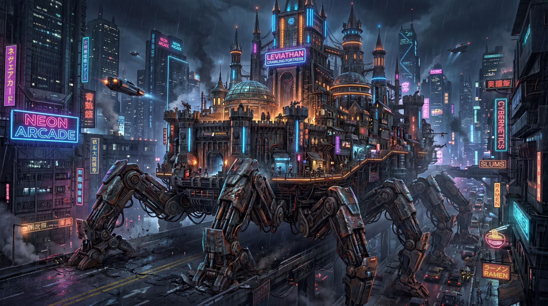 Cyberpunk nightscape: cathedral-like fortress on a giant mechanical spider roaming neon-lit city streets and flying vehicles — 5K Ultra HD PC desktop wallpaper and background.