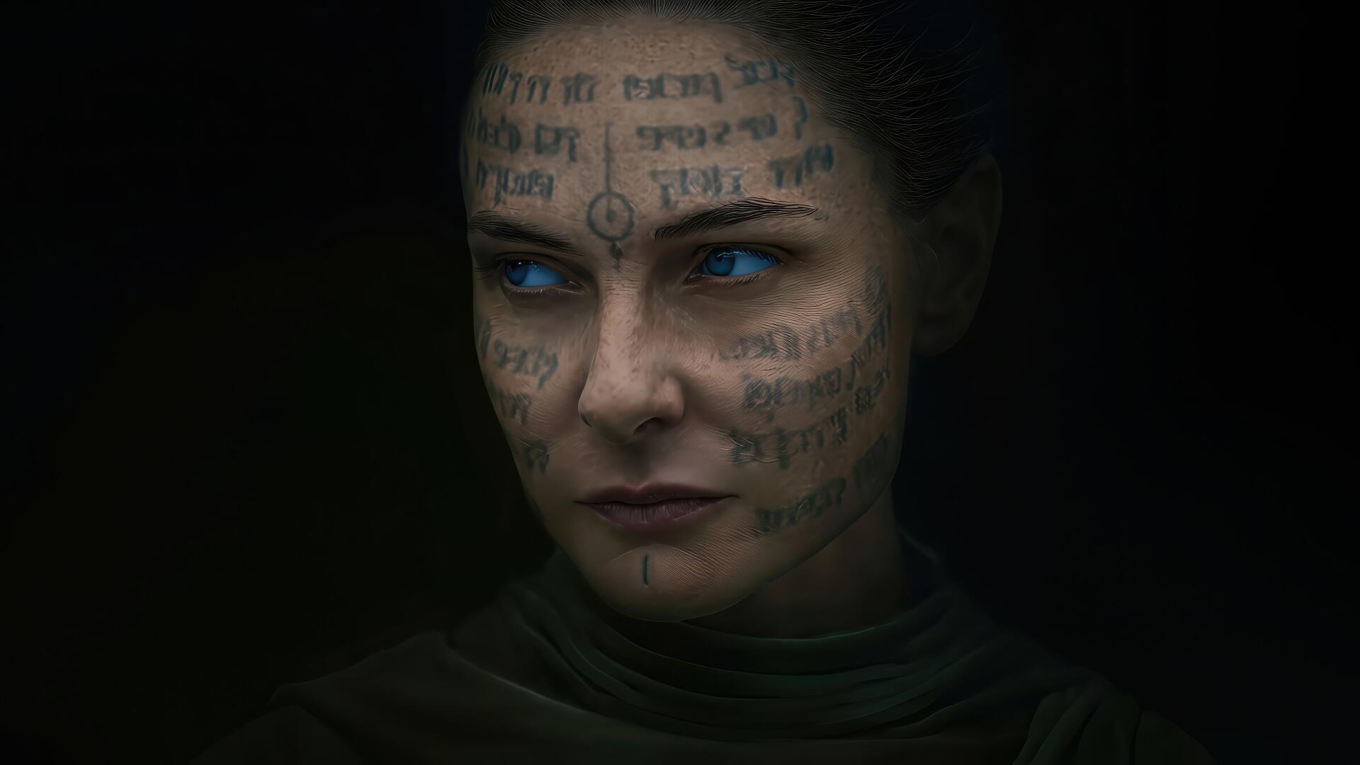 Dune: Part Three 4K Ultra HD PC desktop wallpaper — close-up of a hooded woman's face with glowing blue eyes and script-like markings across her skin in deep shadow.