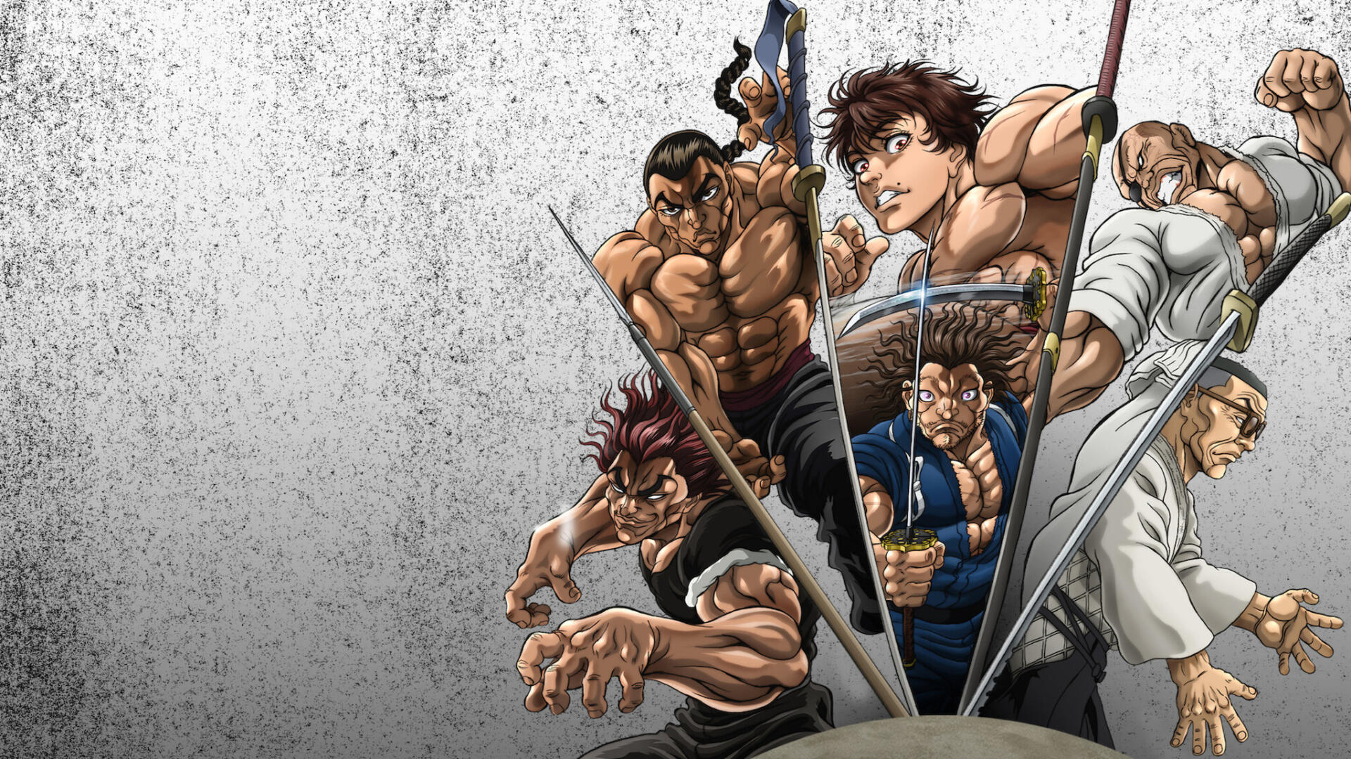 Baki Hanma HD PC desktop wallpaper: Baki and rival fighters burst forward from a textured concrete background in dynamic action.