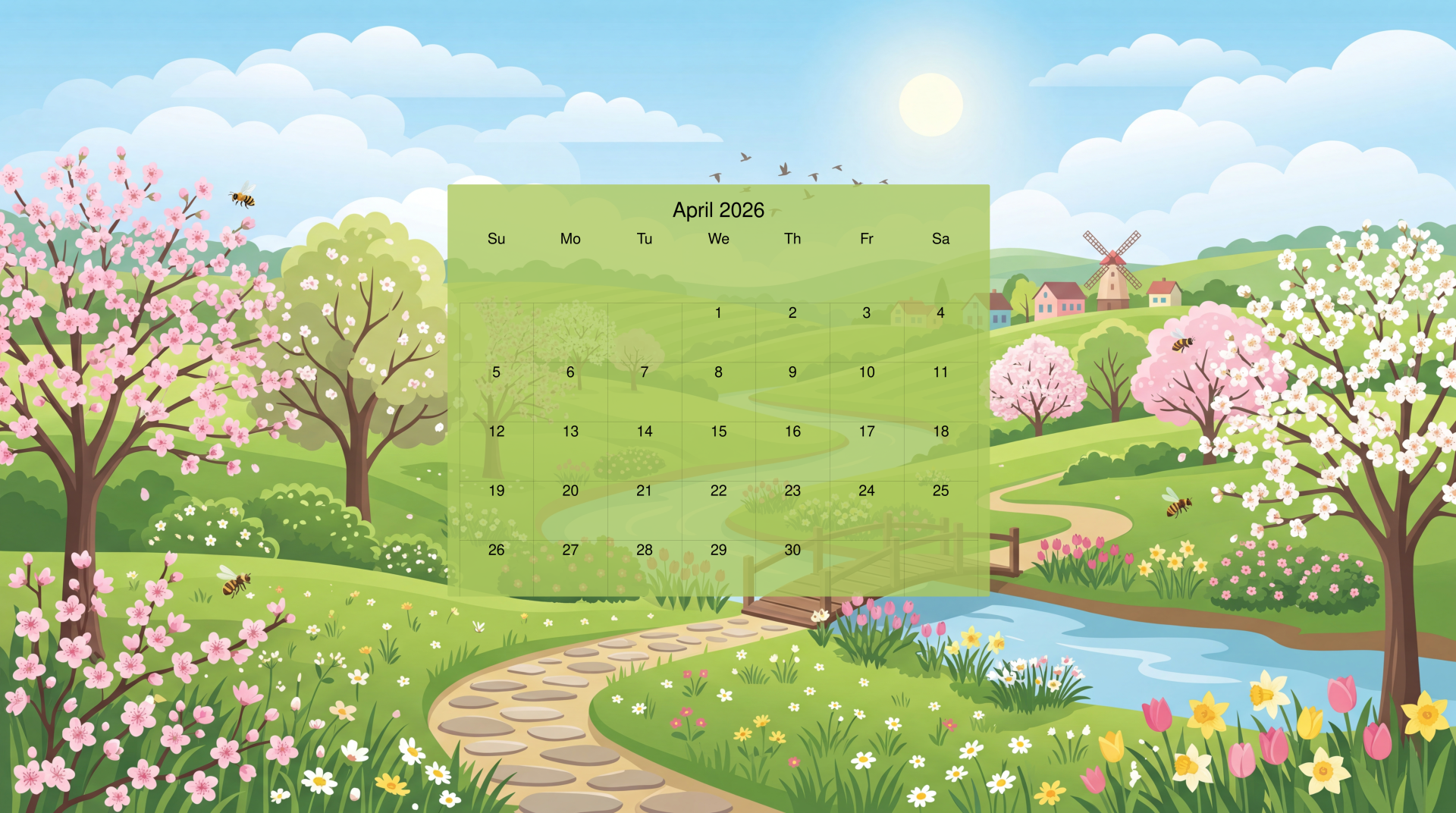April 2026 calendar displayed on a 5K Ultra HD PC desktop wallpaper and background: sunlit spring meadow with blossoming trees, winding stone path, pond and distant cottages.
