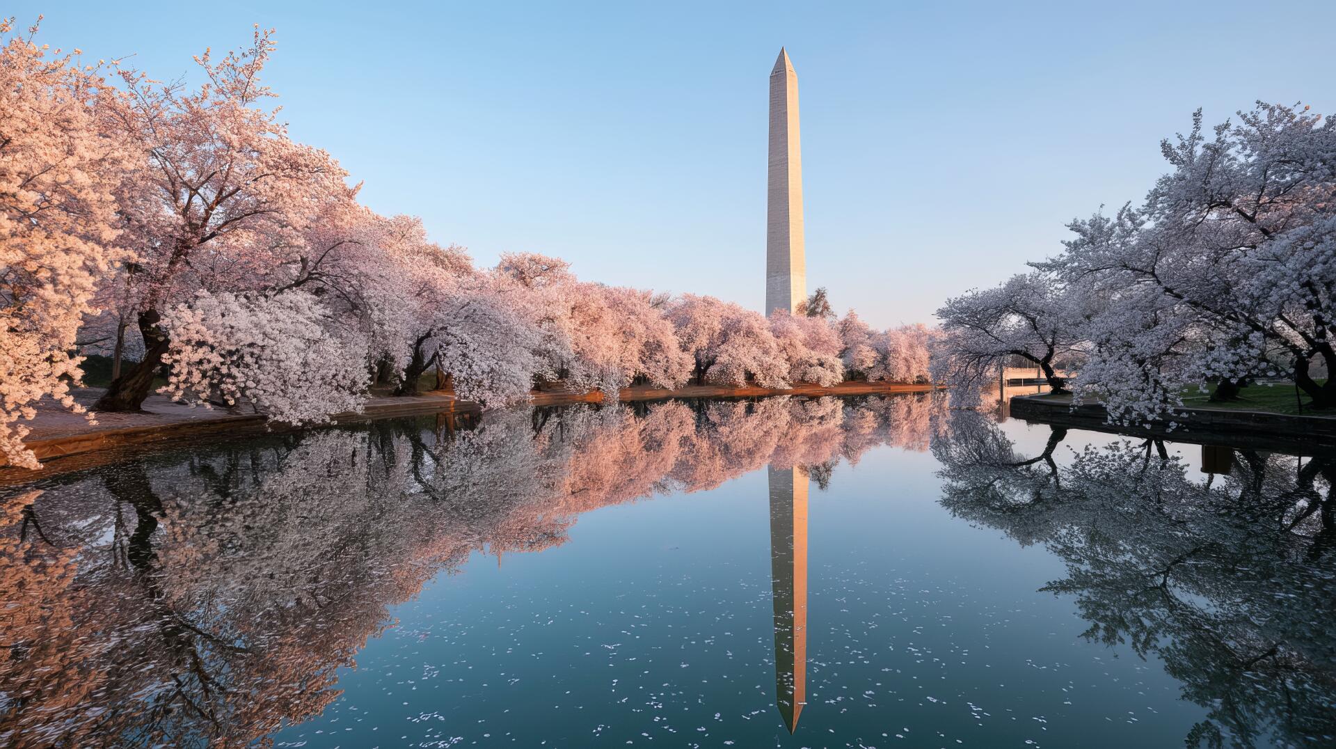 2K Quad HD PC desktop wallpaper of Washington D.C.'s Tidal Basin in spring: cherry blossoms framing the water with the Washington Monument reflected against a clear sky.