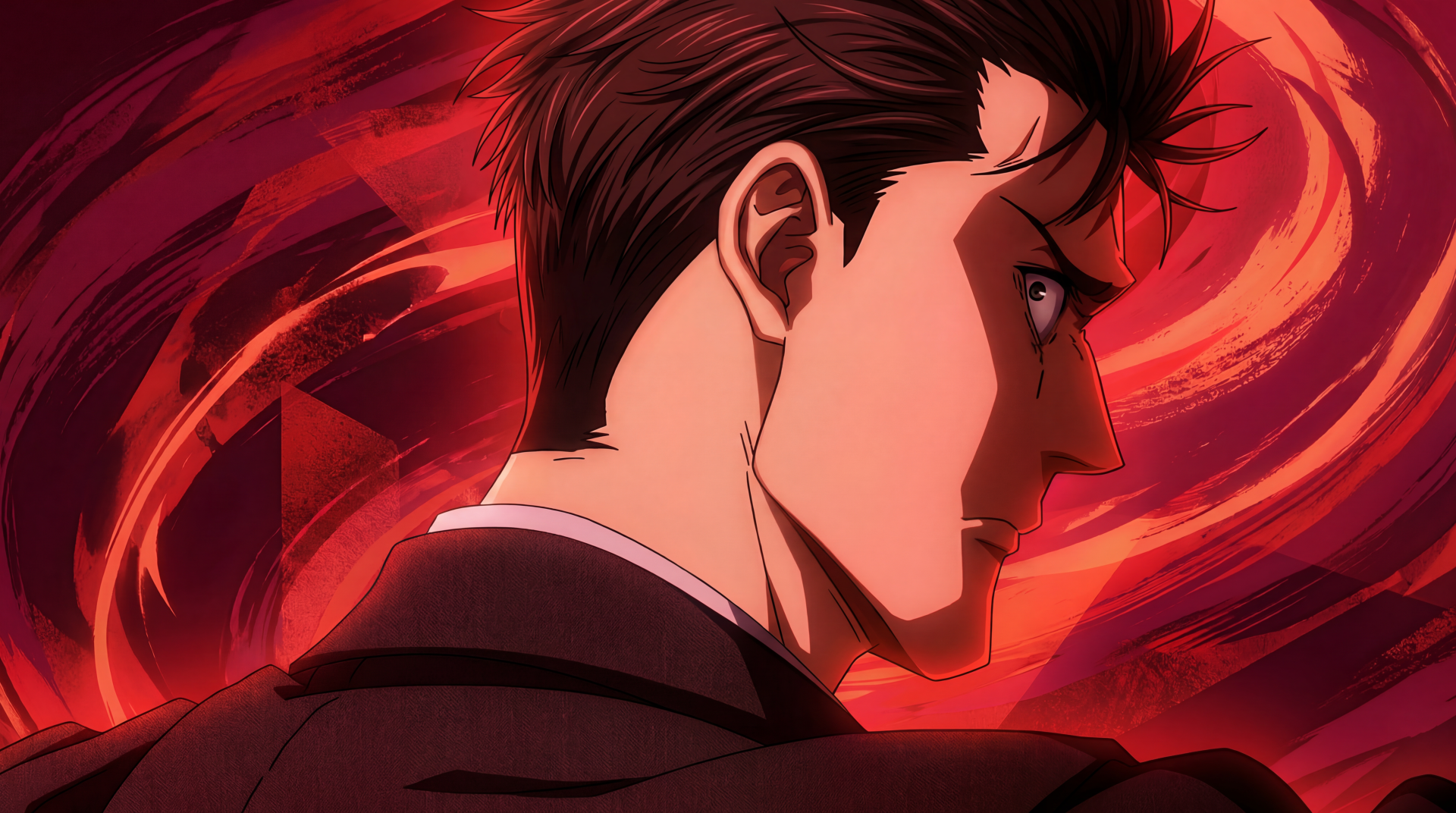 Hiromi Higuruma from Jujutsu Kaisen 3rd Season — sharp side profile with an intense glare against swirling red energy; 5K Ultra HD anime PC desktop wallpaper