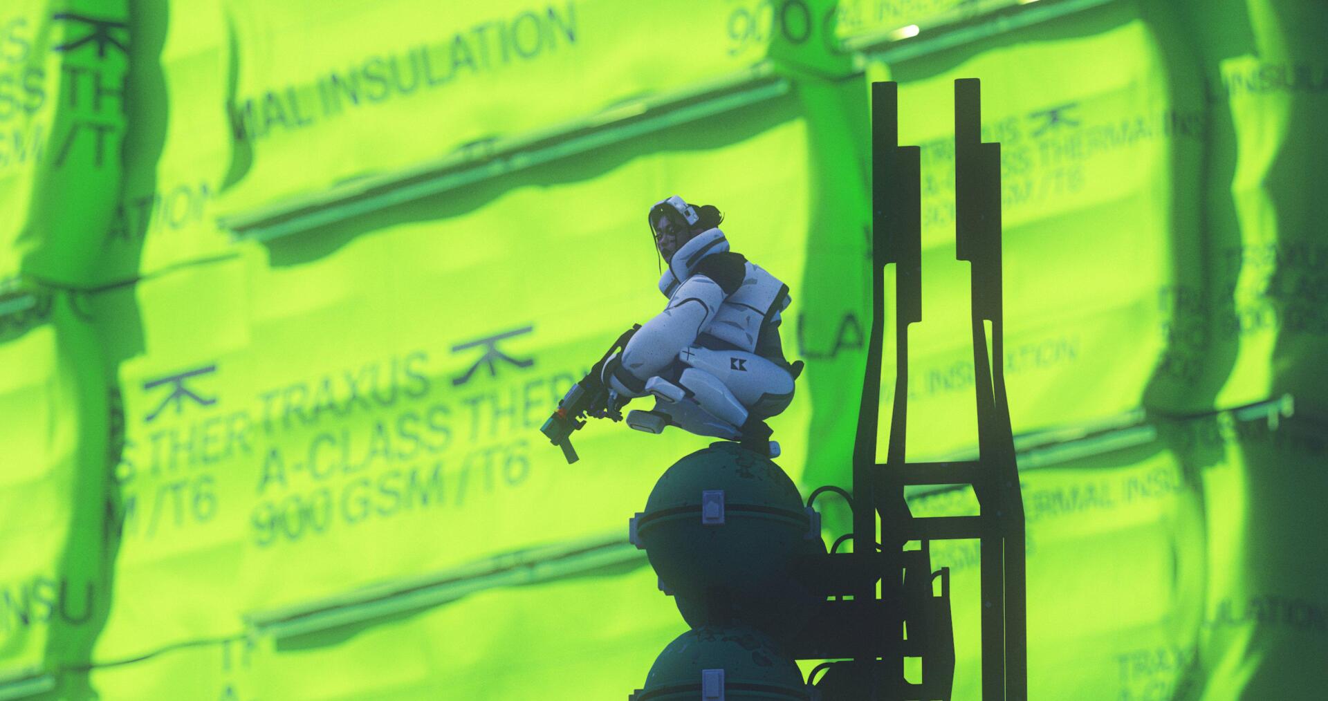 Neon-green Marathon (Video Game) 2K Quad HD PC desktop wallpaper: armored figure perched on machinery, silhouetted against a glowing cyberpunk backdrop.
