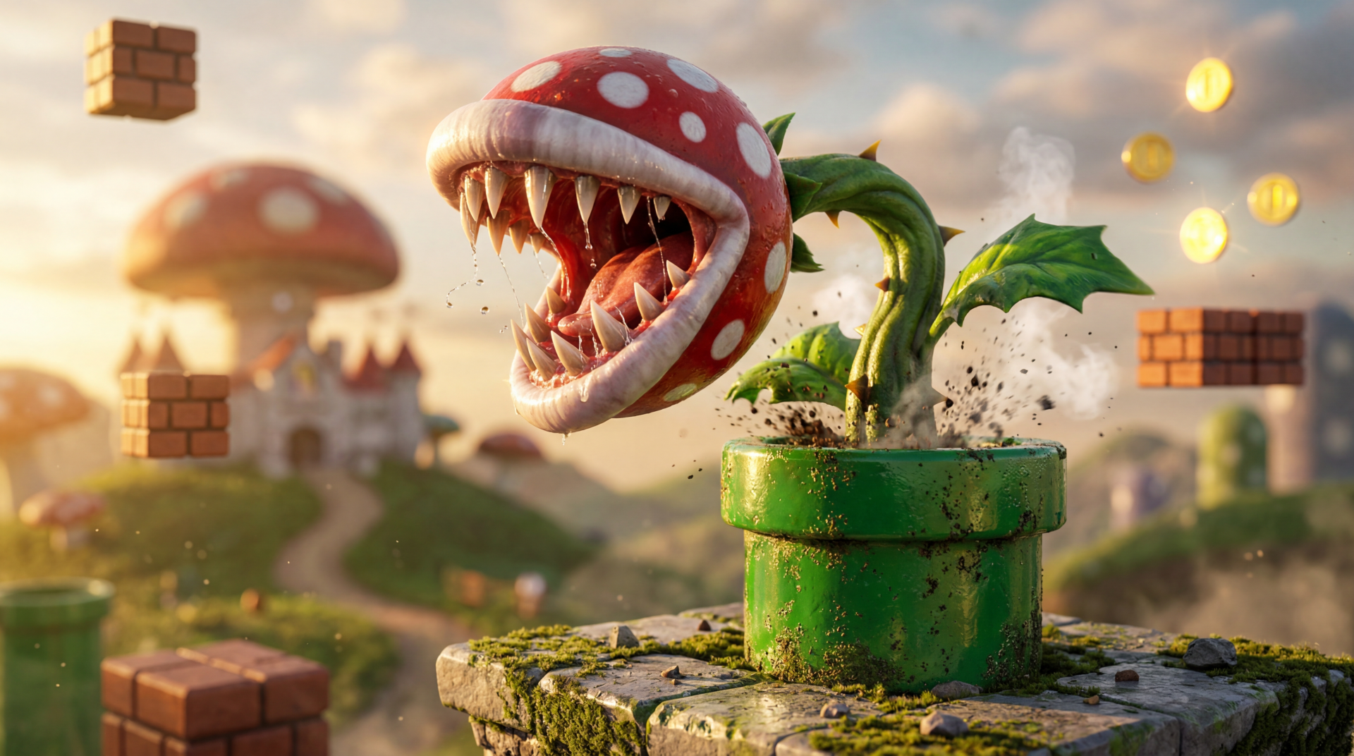 Close-up of a snarling piranha plant erupting from a green pipe among floating coins and brick blocks, rendered as a vibrant 5K Ultra HD PC desktop wallpaper and background.
