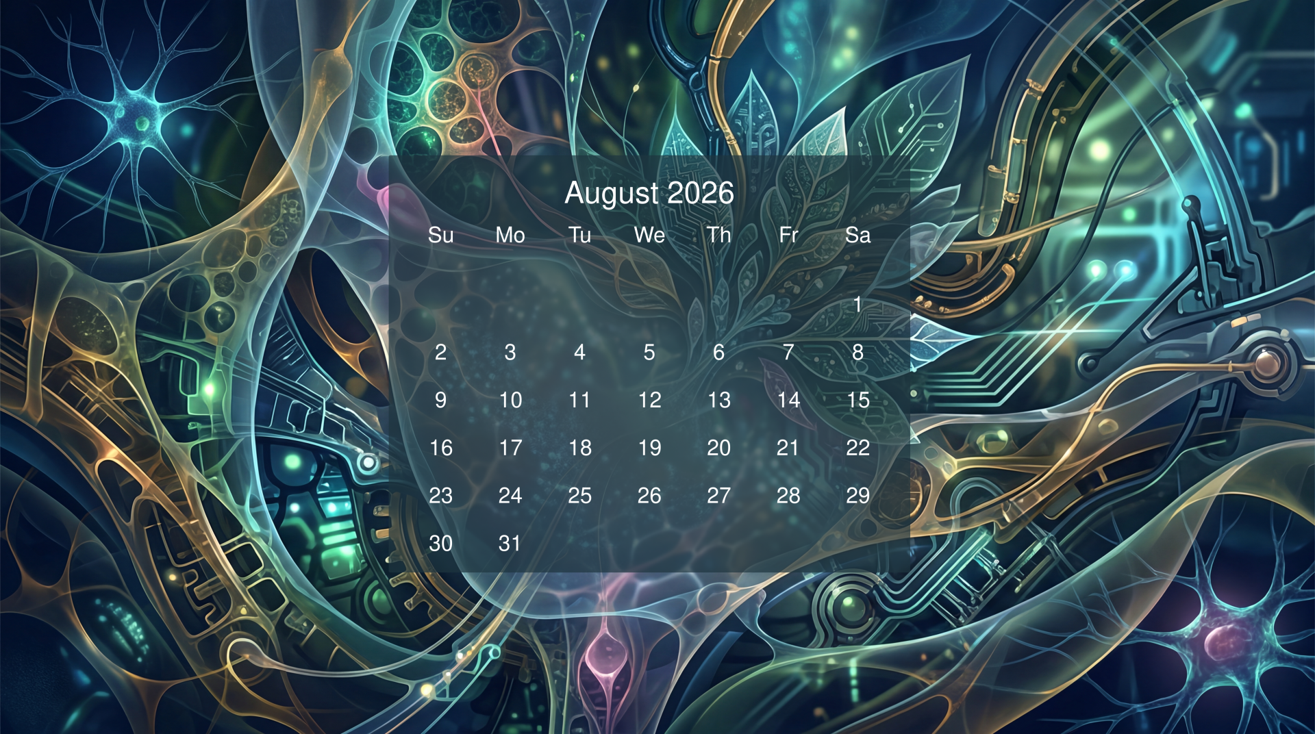 August 2026 calendar overlay on a neon fractal circuitscape — intricate teal, gold and purple patterns; 5K Ultra HD PC desktop wallpaper and background.