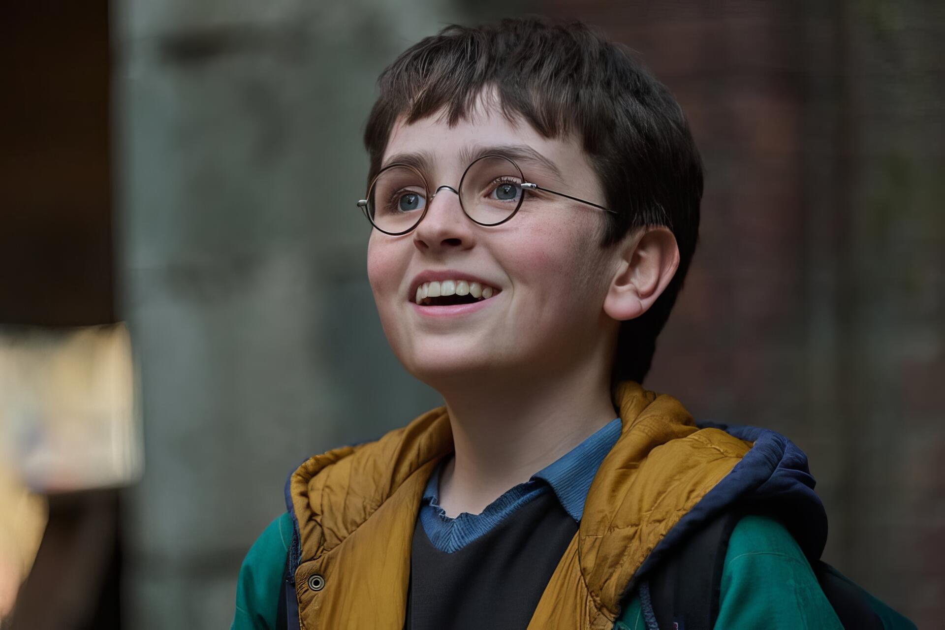 Smiling young Harry Potter from the 2027 TV show, round glasses and layered jacket, captured as an HD PC desktop wallpaper/background.