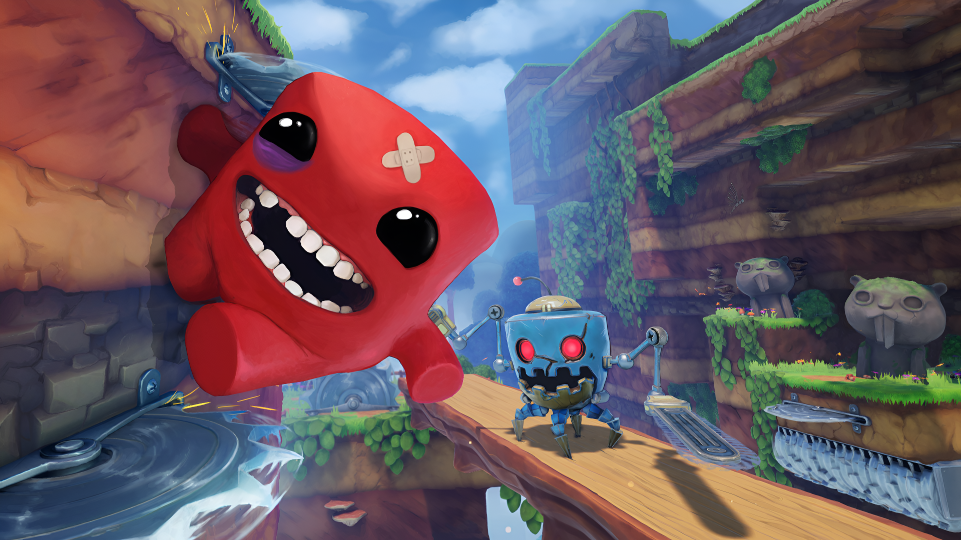 4K Ultra HD PC desktop wallpaper showing Super Meat Boy 3D, the red hero grinning mid-jump across a canyon bridge while a small robot pursues him.