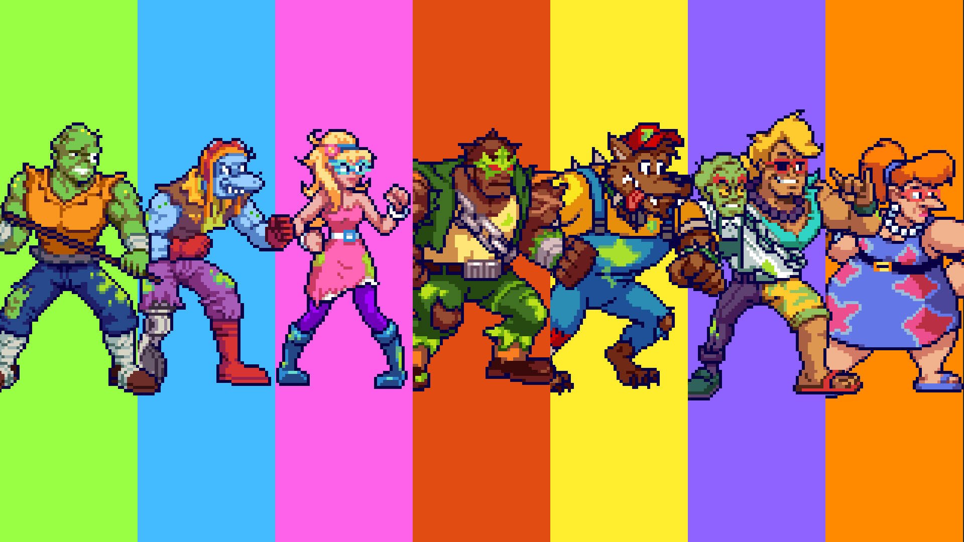 HD PC desktop wallpaper background of Toxic Crusaders video game pixel art: seven mutant crusaders lined up against bright vertical rainbow stripes.