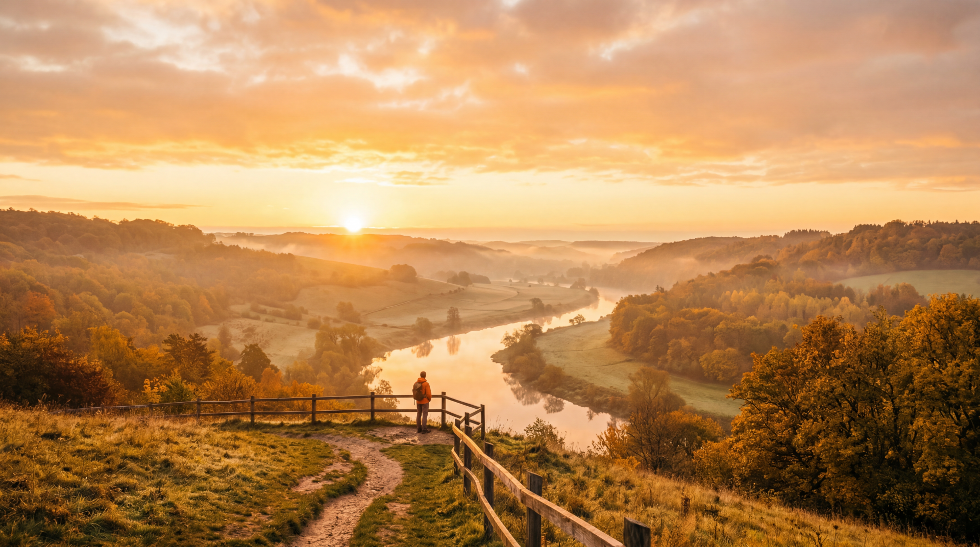 Morning sunrise over a misty river valley with autumn foliage and two figures by a fence — 5K Ultra HD PC Desktop Wallpaper and Background.