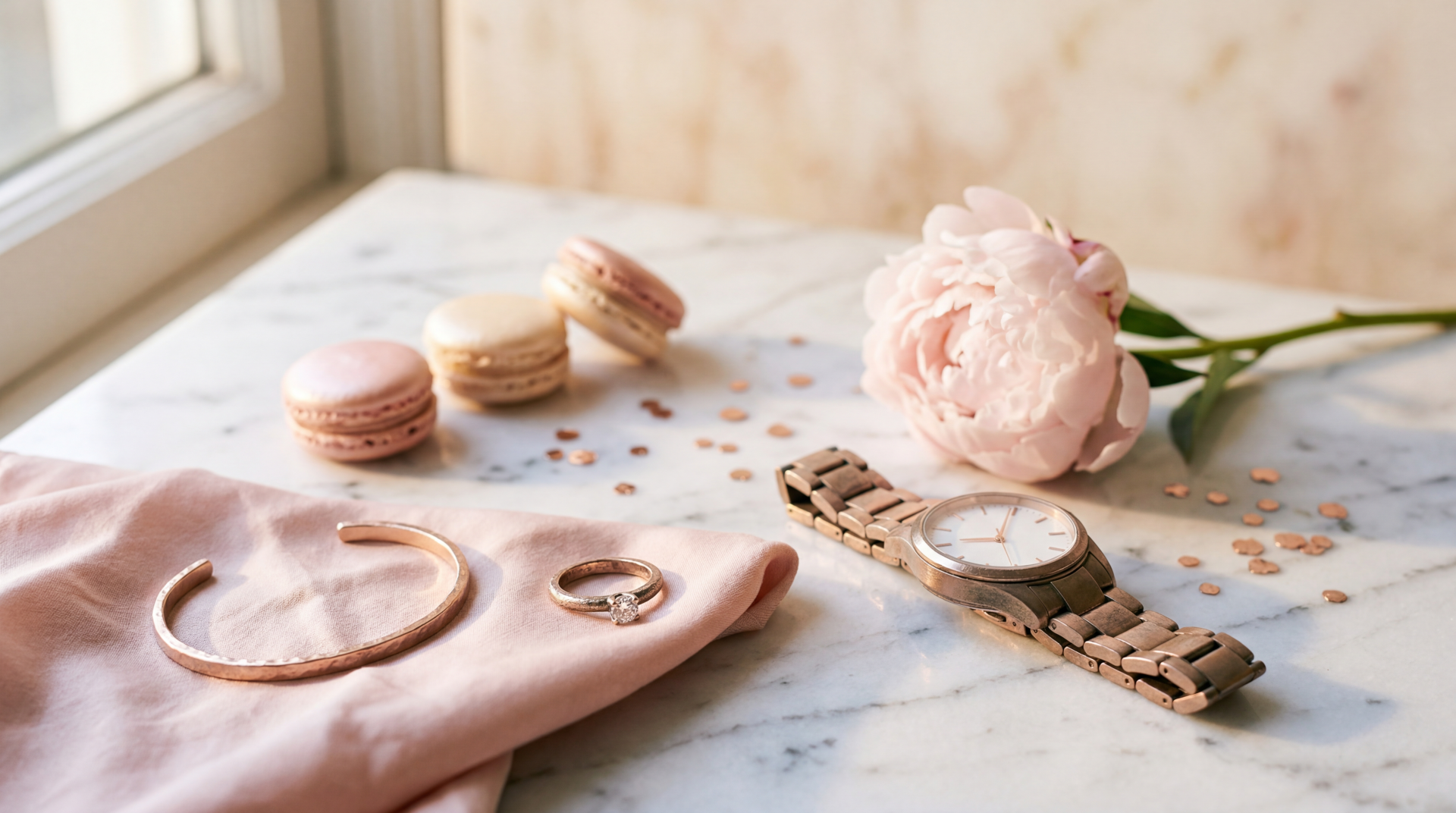 Rose gold 5K Ultra HD PC Desktop Wallpaper and Background — sunlit marble still life with rose-gold watch, bangle and ring, pink macarons, peony and scattered confetti.
