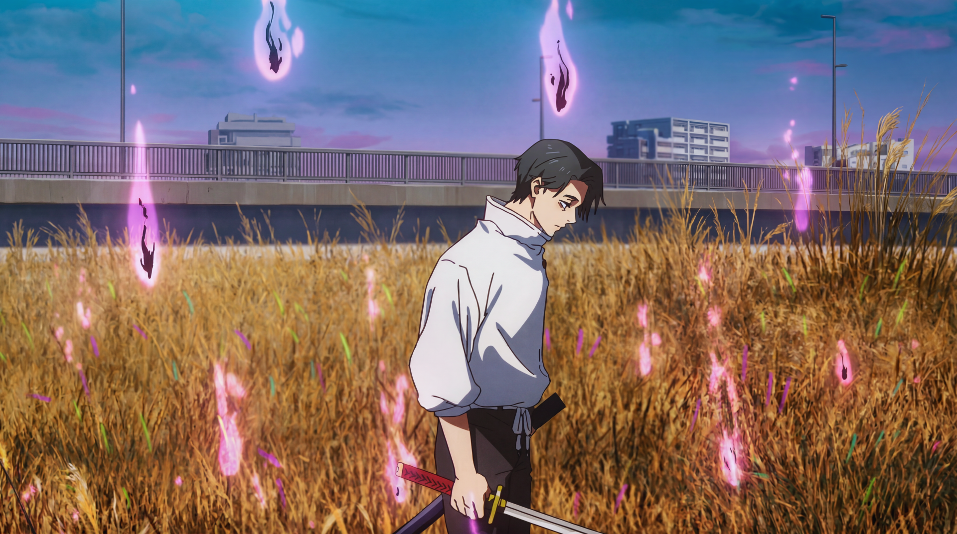 5K Ultra HD PC desktop wallpaper of Yuta Okkotsu from Jujutsu Kaisen 3rd Season — anime sorcerer in a field, swords drawn, surrounded by purple cursed-energy flames.