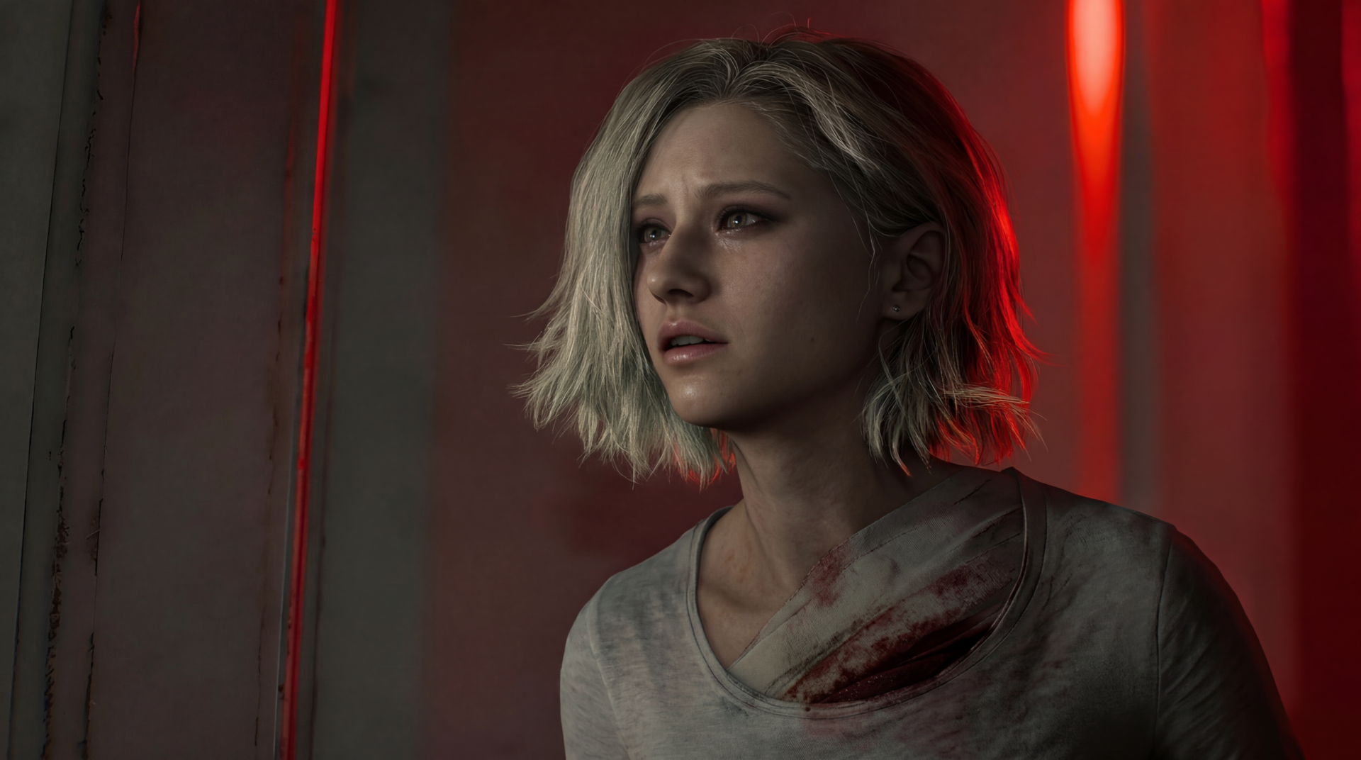 Grace Ashcroft from Resident Evil Requiem (Capcom), bloodstained and bathed in red light — 5K Ultra HD PC desktop wallpaper/background, horror video game scene.