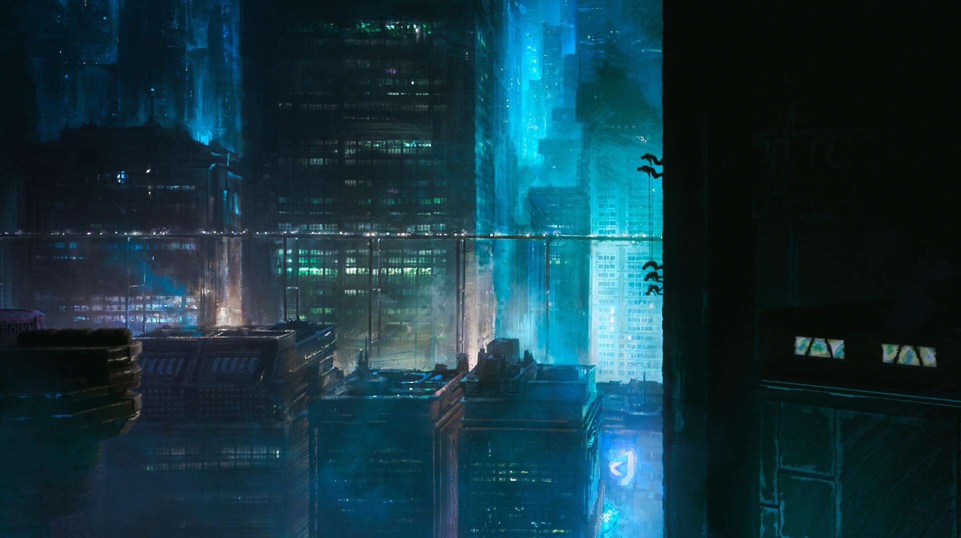 2K Quad HD PC desktop wallpaper of a neon-blue futuristic cityscape at night from Star Wars: Maul – Shadow Lord, with towering spires, glowing windows and reflective water.