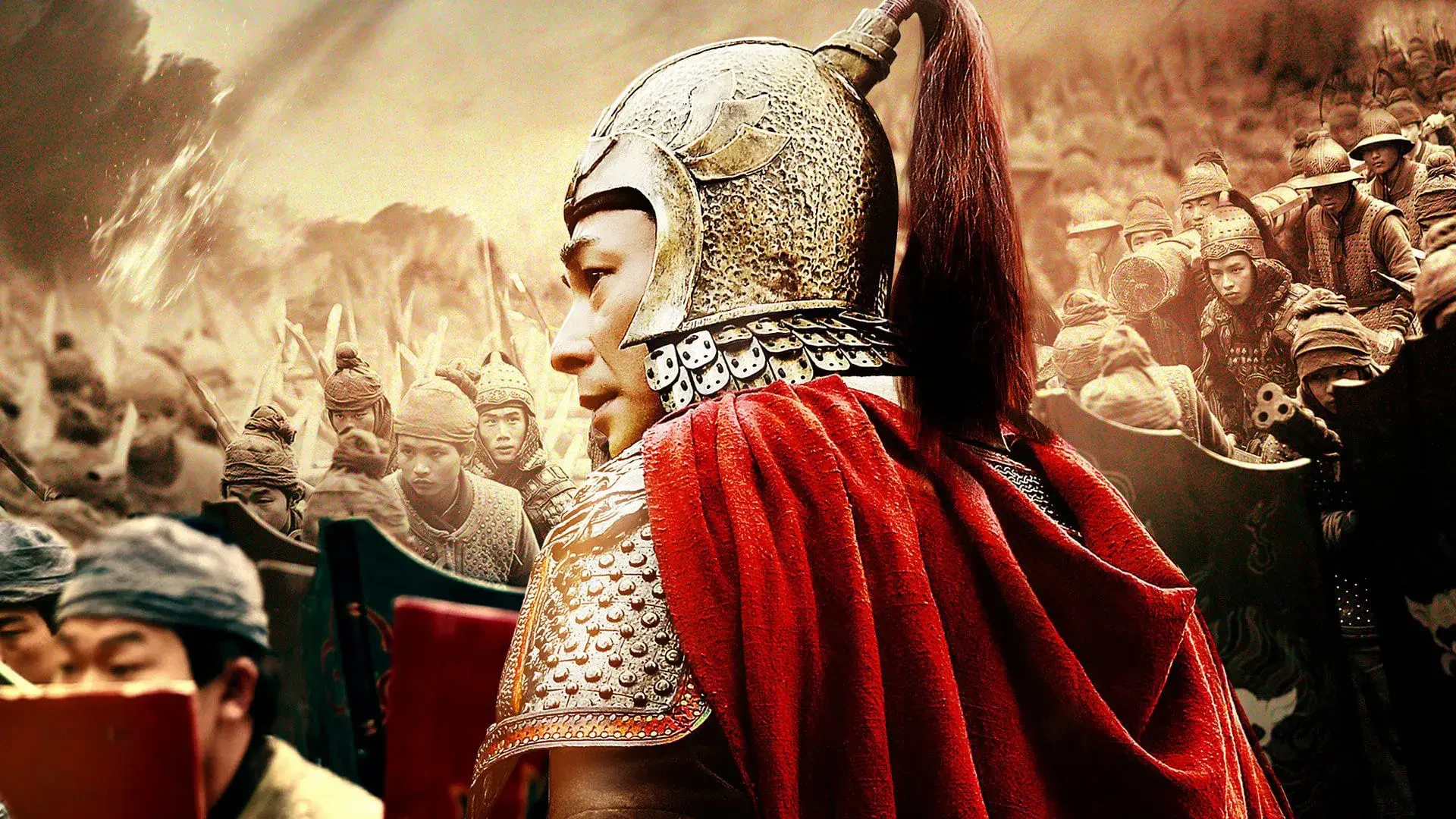 God of War (Movie) HD PC desktop wallpaper: armored commander in an ornate helmet and red cloak, shown in profile before a massed army under a golden sky.