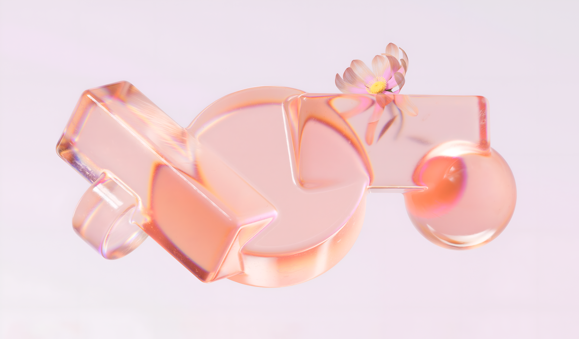 Pastel pink Microsoft Windows 4K Ultra HD PC desktop wallpaper showing a glossy translucent 3D Windows logo with soft gradients and a small floral accent.