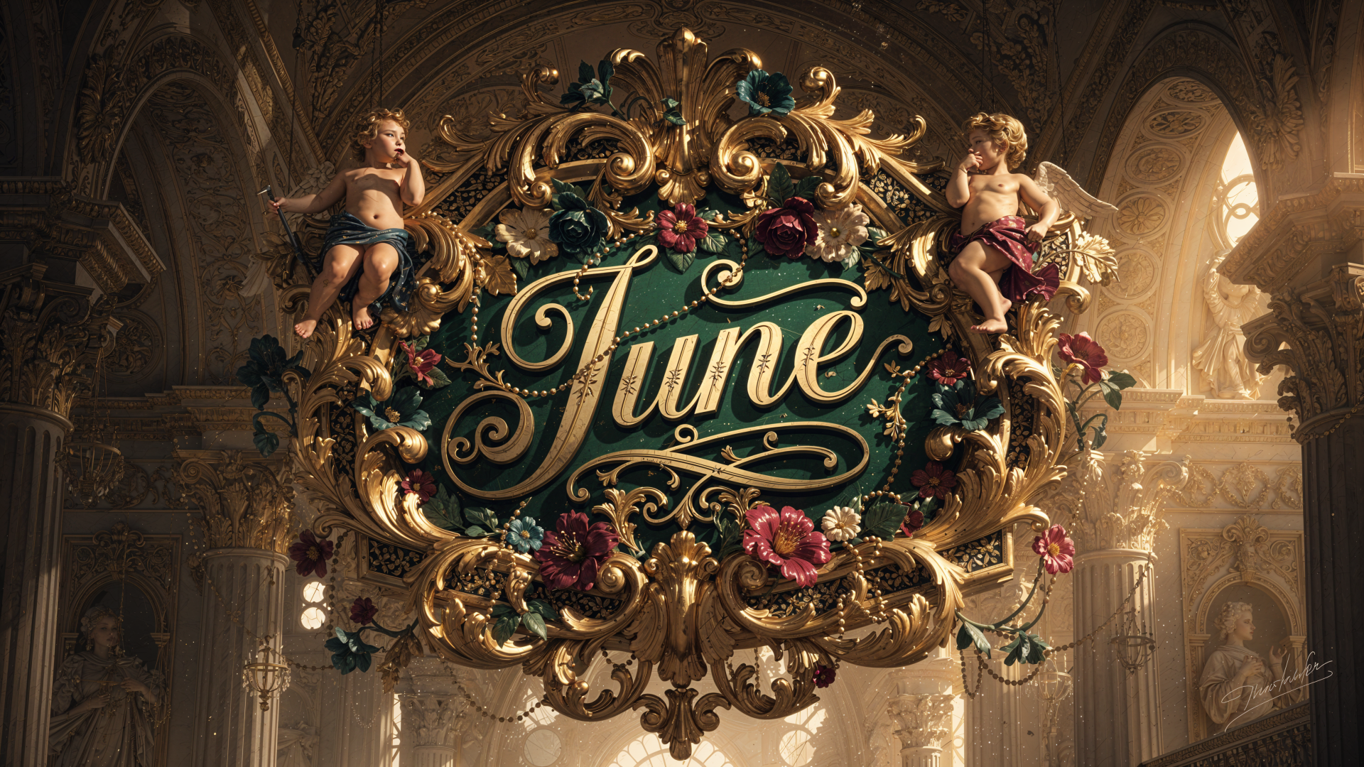 Baroque gold frame with cherubs and roses surrounding the word June — 4K Ultra HD PC desktop wallpaper and background.