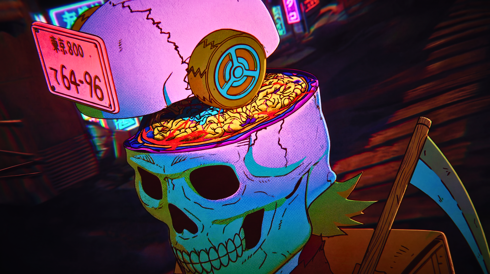 5K Ultra HD anime wallpaper of Ebisu (Dorohedoro): neon-lit skull with exposed brains and a coin, stylized cyberpunk street background in vivid colors for PC desktop.