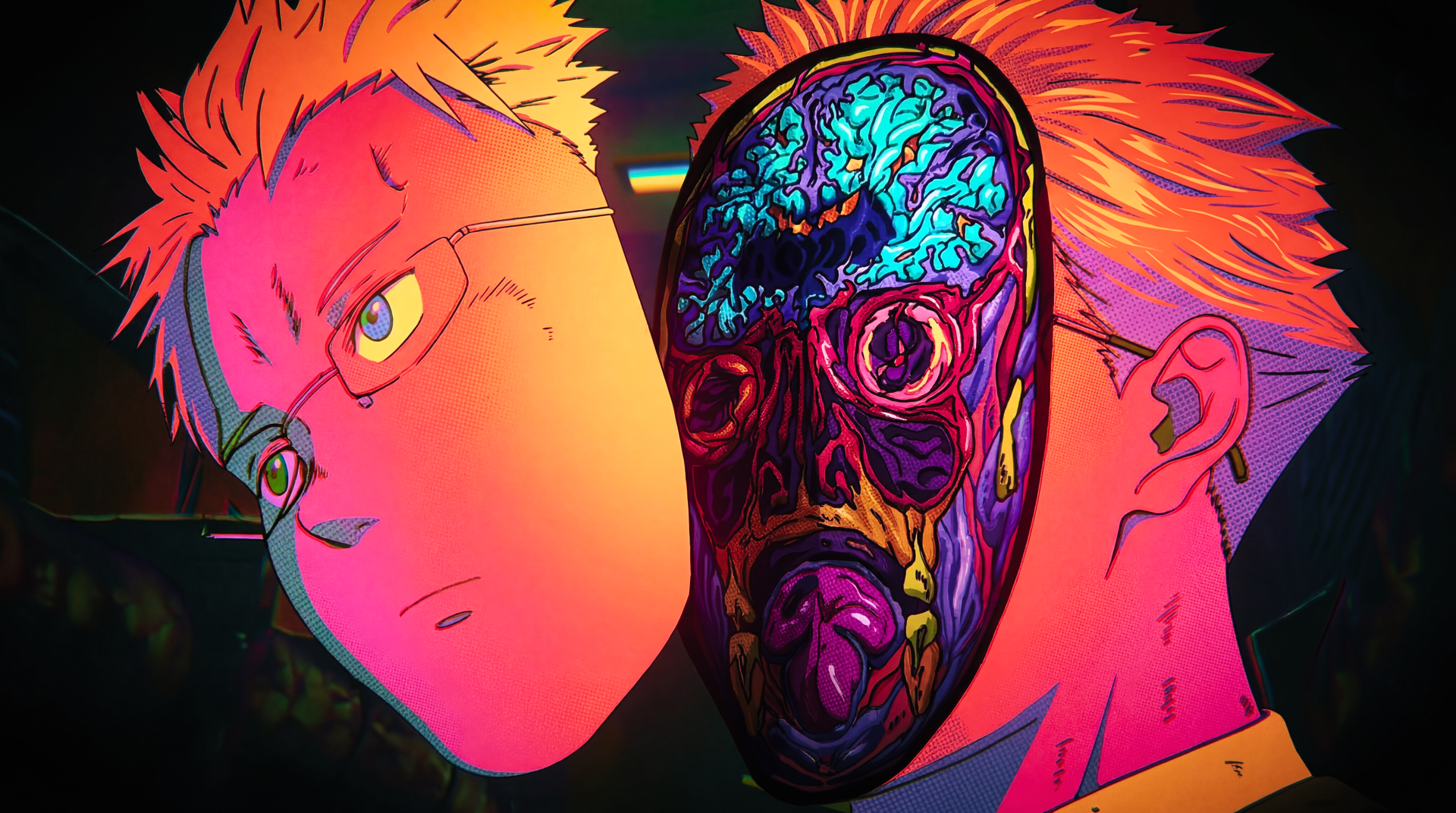 5K Ultra HD PC desktop wallpaper of Shin (Dorohedoro): anime portrait with a split face revealing a vivid, grotesque skull mask against a neon-lit background.