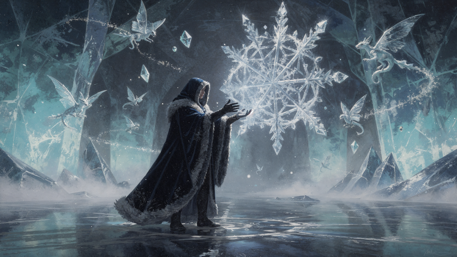 Cloaked figure conjures a glowing snowflake amid frozen trees and ice shards, spectral birds circling — 4K Ultra HD PC desktop wallpaper/background, ice magic.