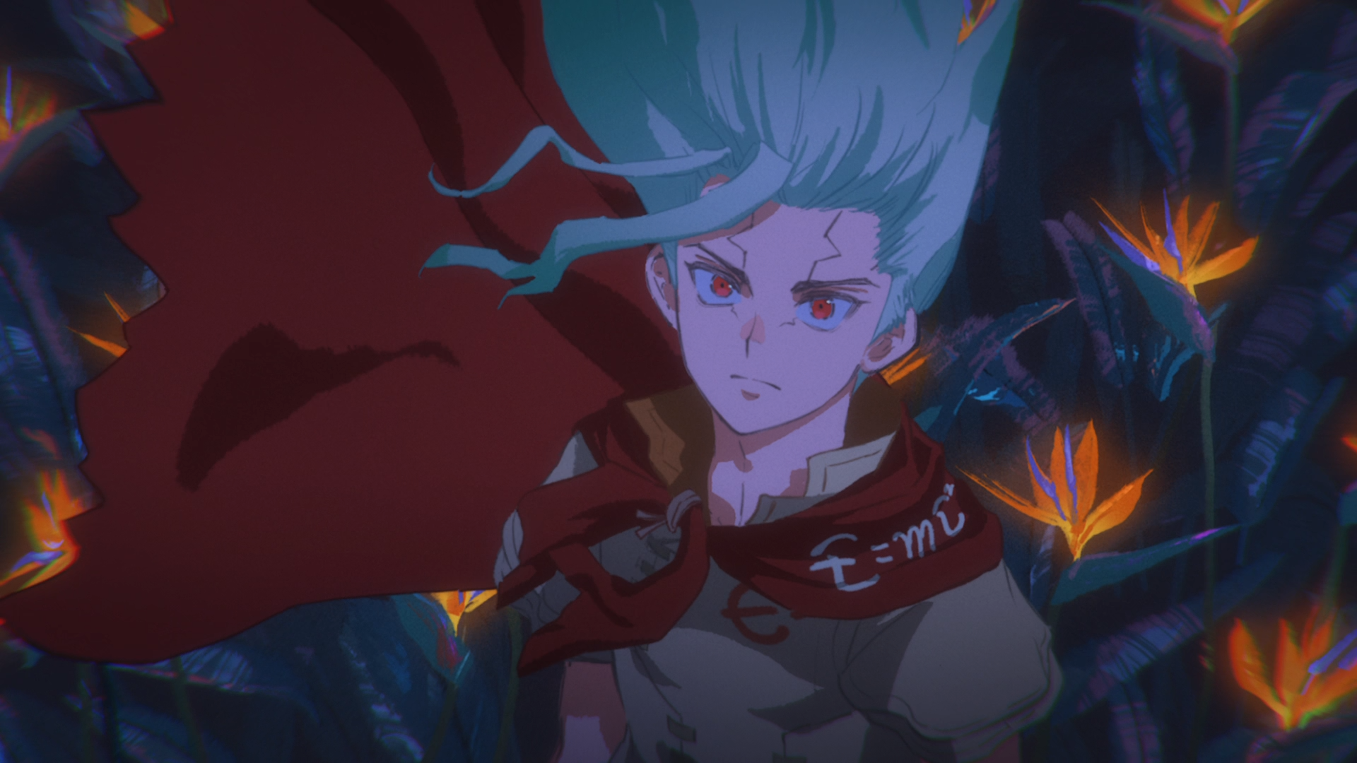 Anime HD PC desktop wallpaper of Senku Ishigami from Dr. Stone: pale-green hair, red cloak, intense glowing eyes, standing amid dark, bioluminescent flowers.