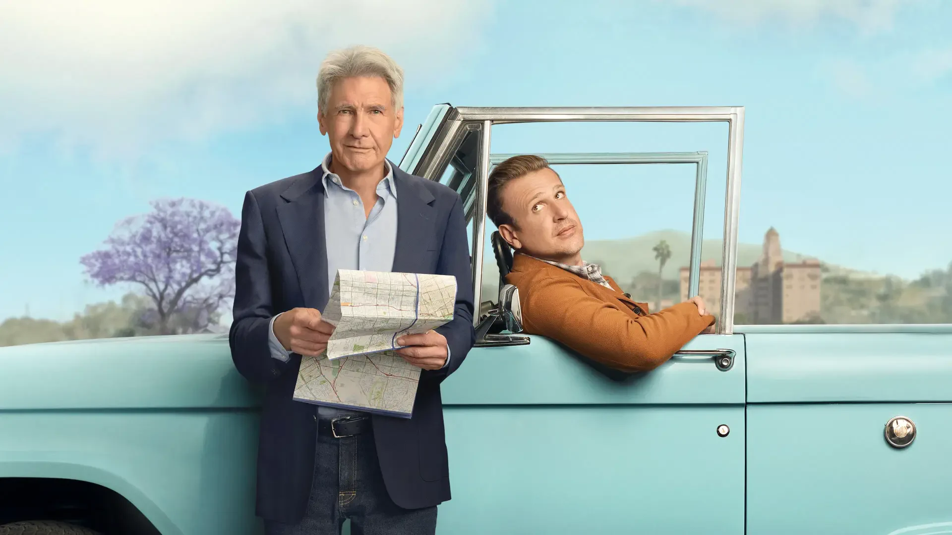 Shrinking — 4K Ultra HD PC desktop wallpaper and background: two men beside a turquoise vintage car, one holding a map, the other leaning from the driver's window against a desert backdrop.