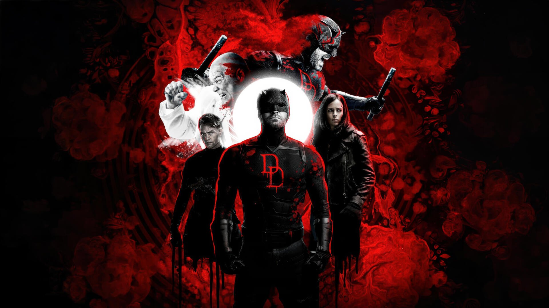 Daredevil: Born Again 5K Ultra HD PC desktop wallpaper showing Daredevil front and center in red-black suit, surrounded by allies and enemies in a blood-red, noir collage.