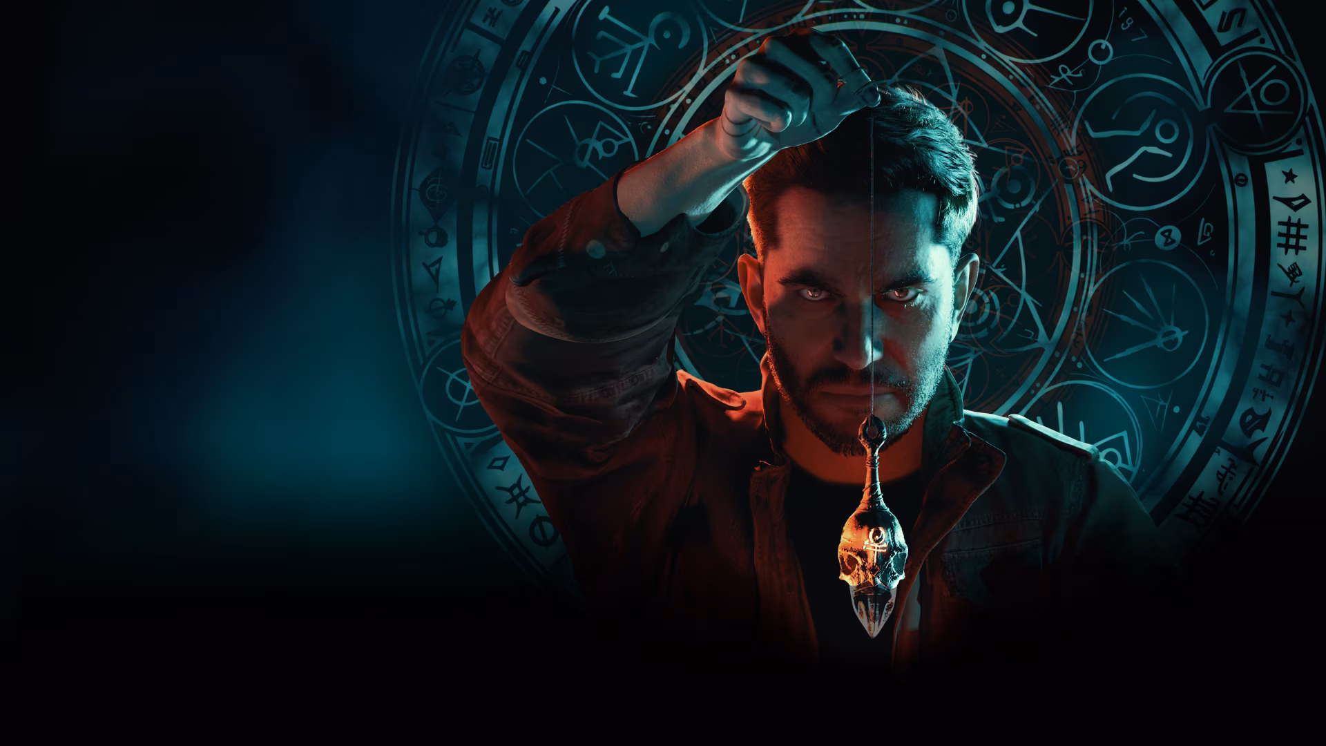 4K Ultra HD PC desktop wallpaper/background: video game occultist holds a suspended skull amulet before a glowing occult sigil, teal-and-red cinematic lighting and a shadowed face.