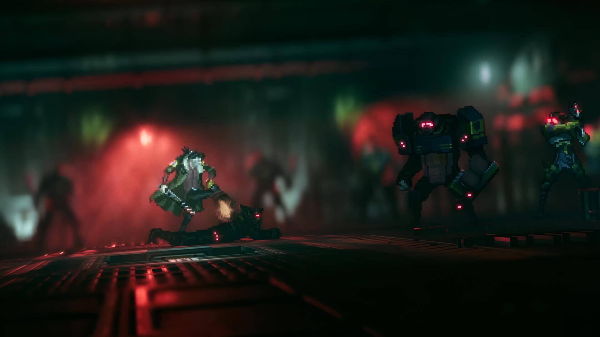 2K Quad HD PC desktop wallpaper: cinematic video game scene Replaced — armored soldier vaults past a glowing mech in a dark, red-green industrial corridor.