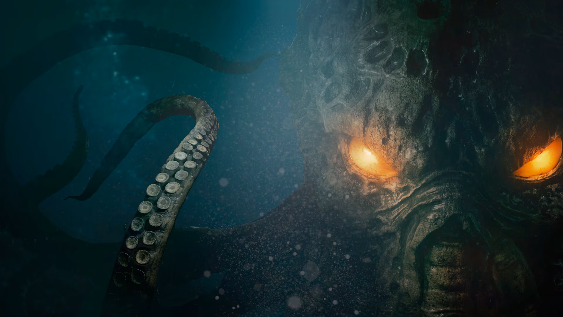 4K Ultra HD PC desktop wallpaper from video game Cthulhu: The Cosmic Abyss — glowing-eyed Cthulhu emerging from the dark ocean as massive kraken tentacles coil around it.