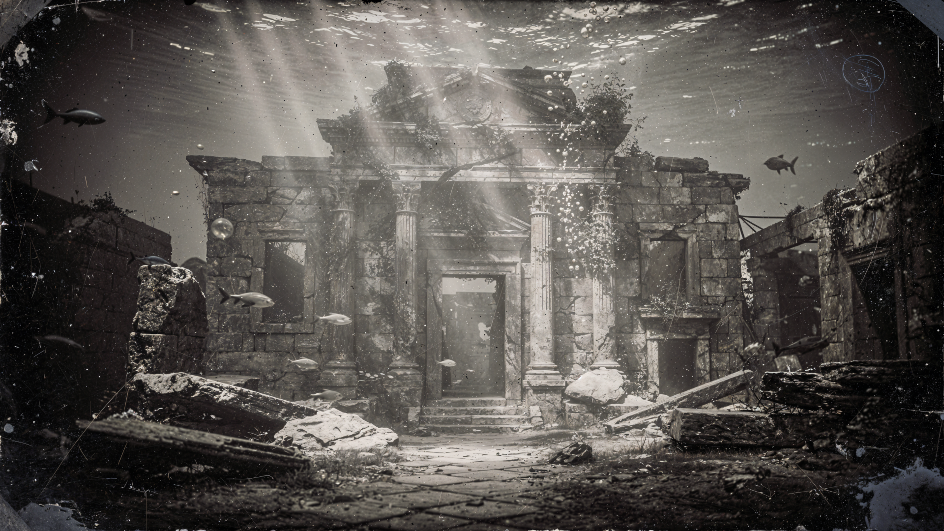 4K Ultra HD PC desktop wallpaper: atmospheric underwater ruins — ancient stone entrance, broken columns and scattered debris lit by shafts of sunlight, fish drifting through murky water.