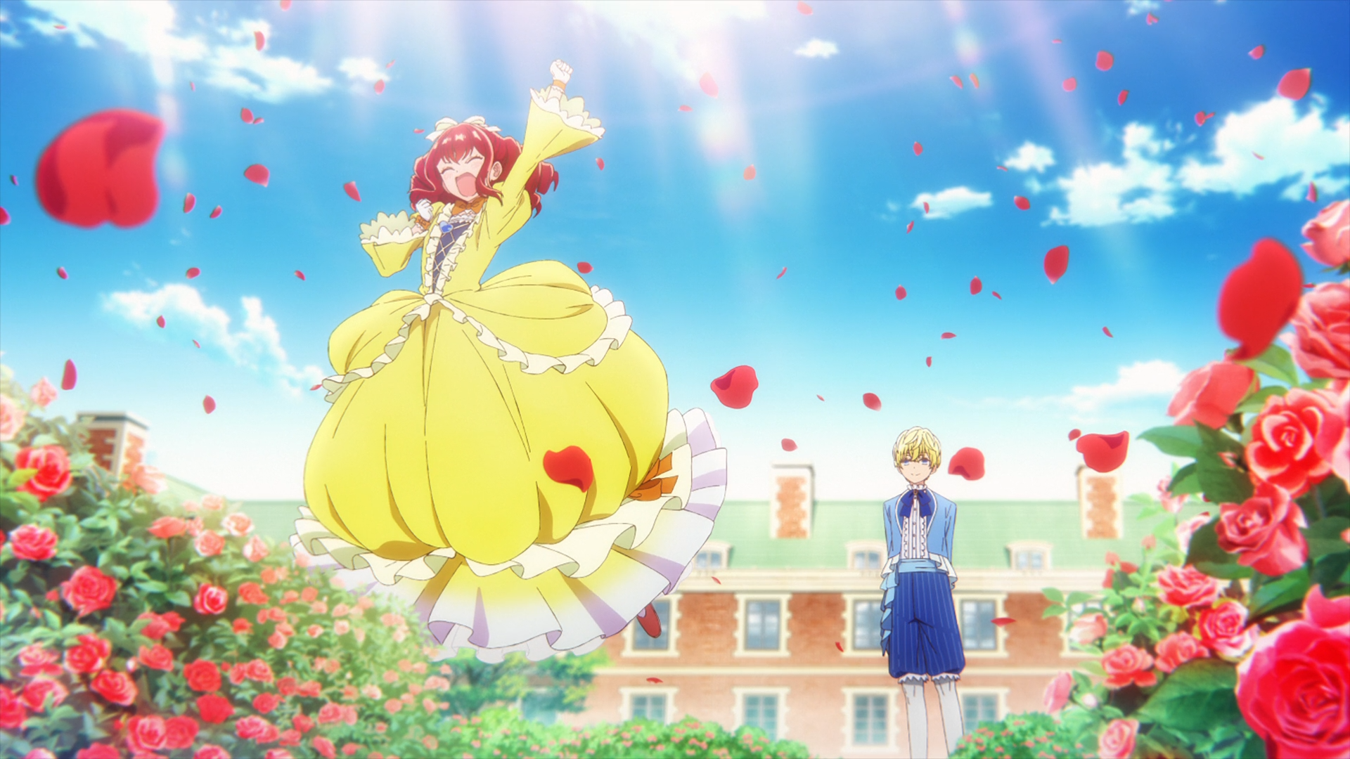 HD PC desktop wallpaper of An Observation Log of My Fiancée Who Calls Herself a Villainess: Bertia Ibil Noches in a yellow gown and Cecil Glo Alphasta amid rose petals.