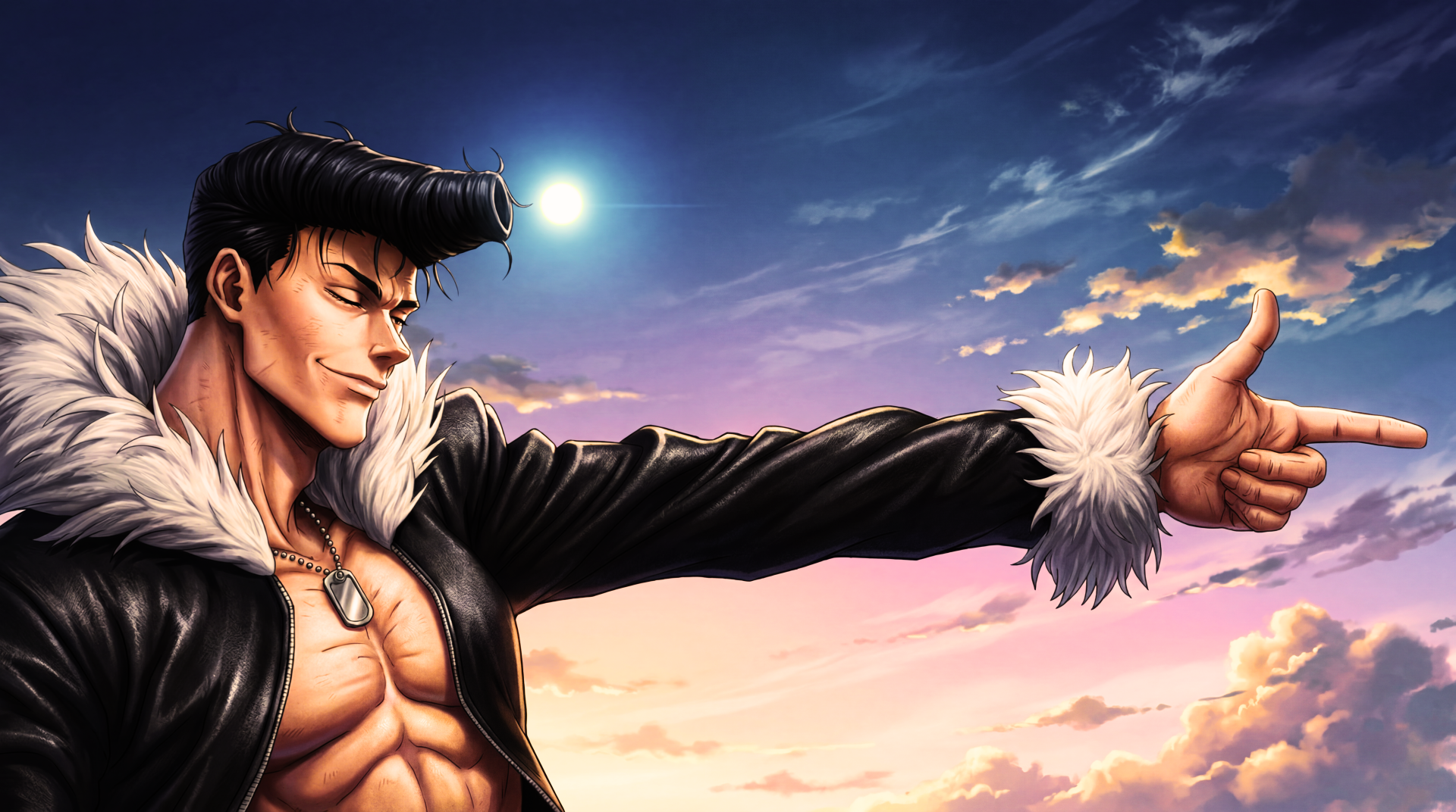 5K Ultra HD PC wallpaper of Ryu Ishigori from Jujutsu Kaisen 3rd Season — anime sorcerer with pompadour, open fur-lined jacket, pointing against a dramatic sunset sky.