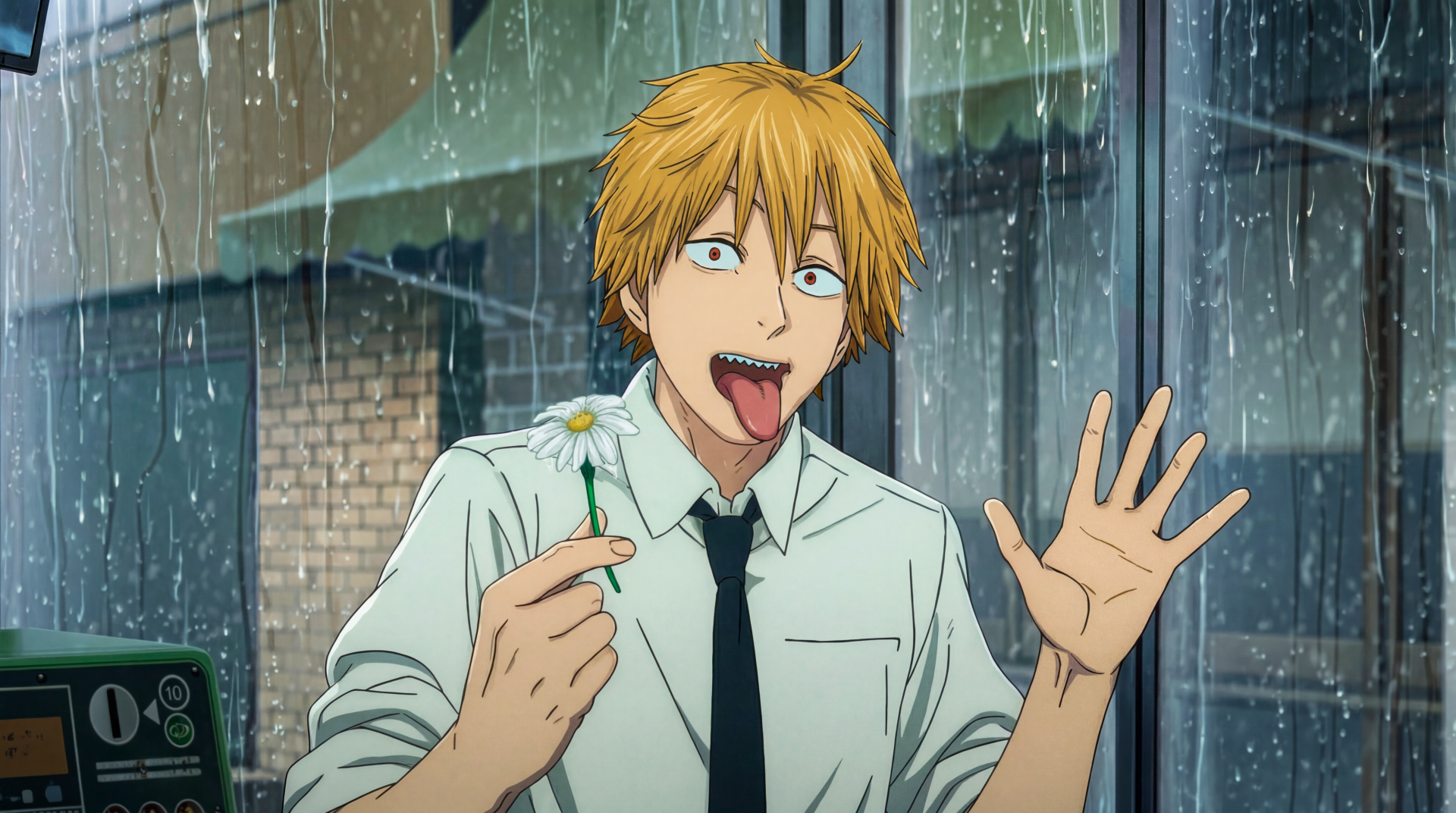 Chainsaw Man's Denji in shirt and tie, tongue out and waving while holding a daisy in the rain — funny anime 5K Ultra HD PC desktop wallpaper/background.