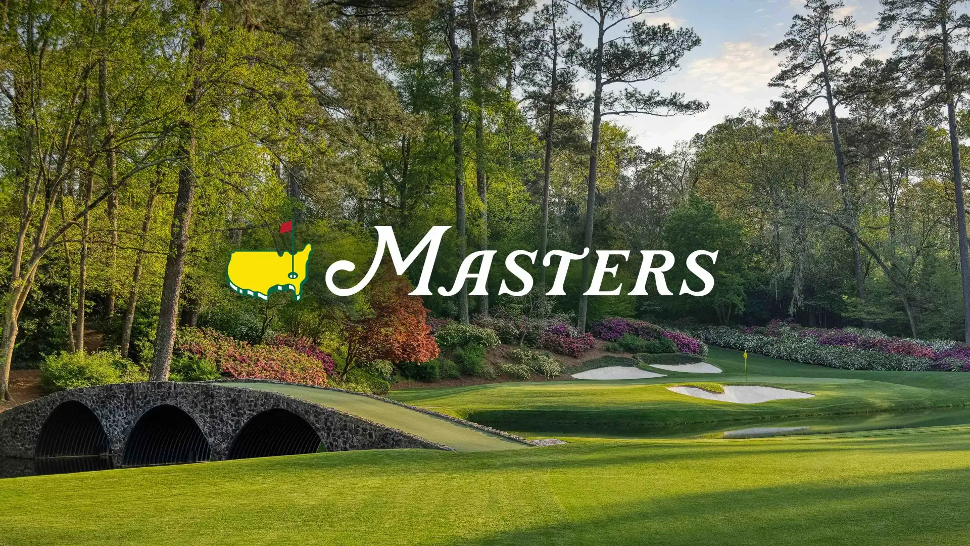 4K Ultra HD PC desktop wallpaper and background featuring The Masters sports logo over a sunlit golf course — arched stone bridge, manicured fairway and azaleas.