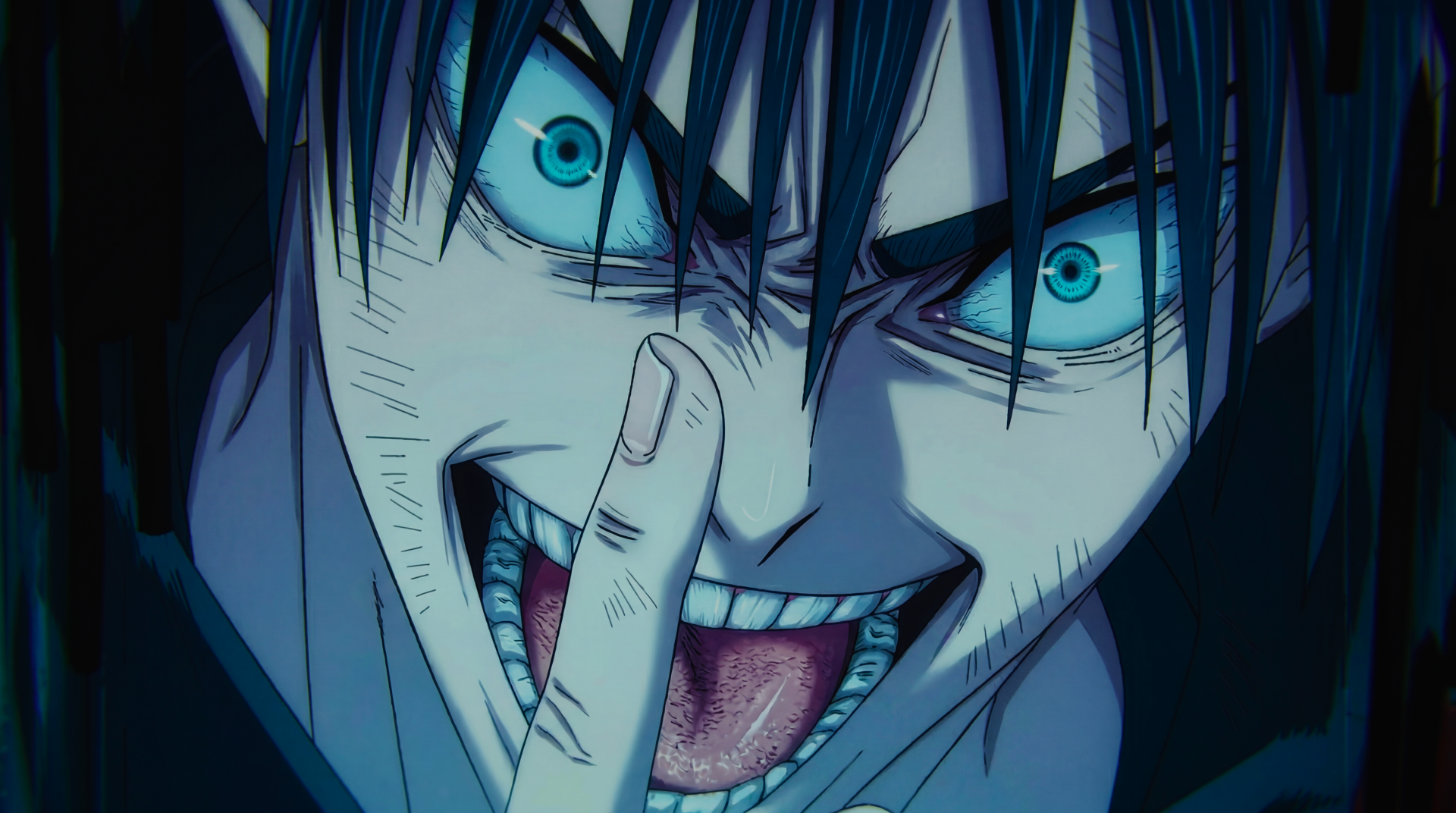Megumi Fushiguro (Jujutsu Kaisen 3rd Season) close-up with a manic grin and glowing blue eyes, finger to lips — anime 5K Ultra HD PC desktop wallpaper/background.