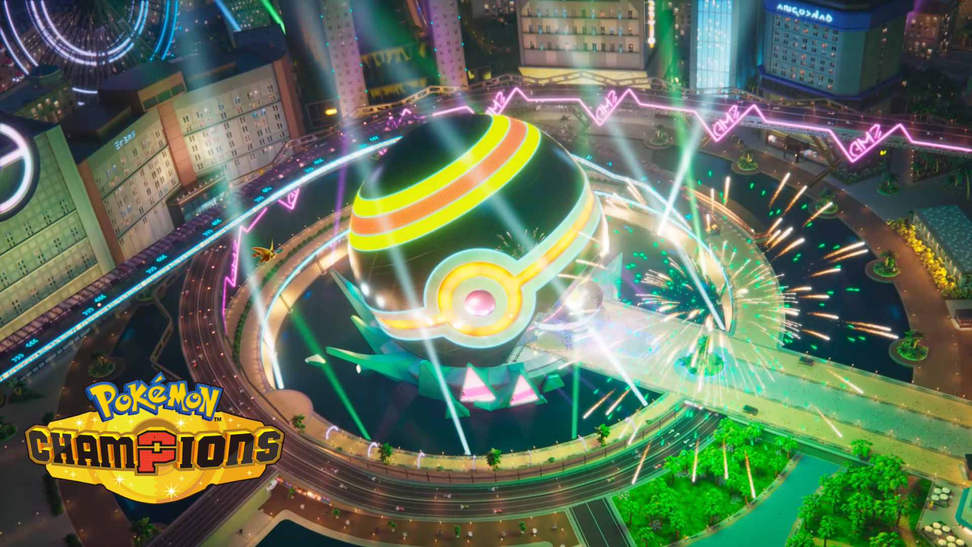 HD PC desktop wallpaper and background of the Pokémon Champions video game: a neon stadium shaped like a glowing Poké Ball unleashing energy beams over a futuristic cityscape.