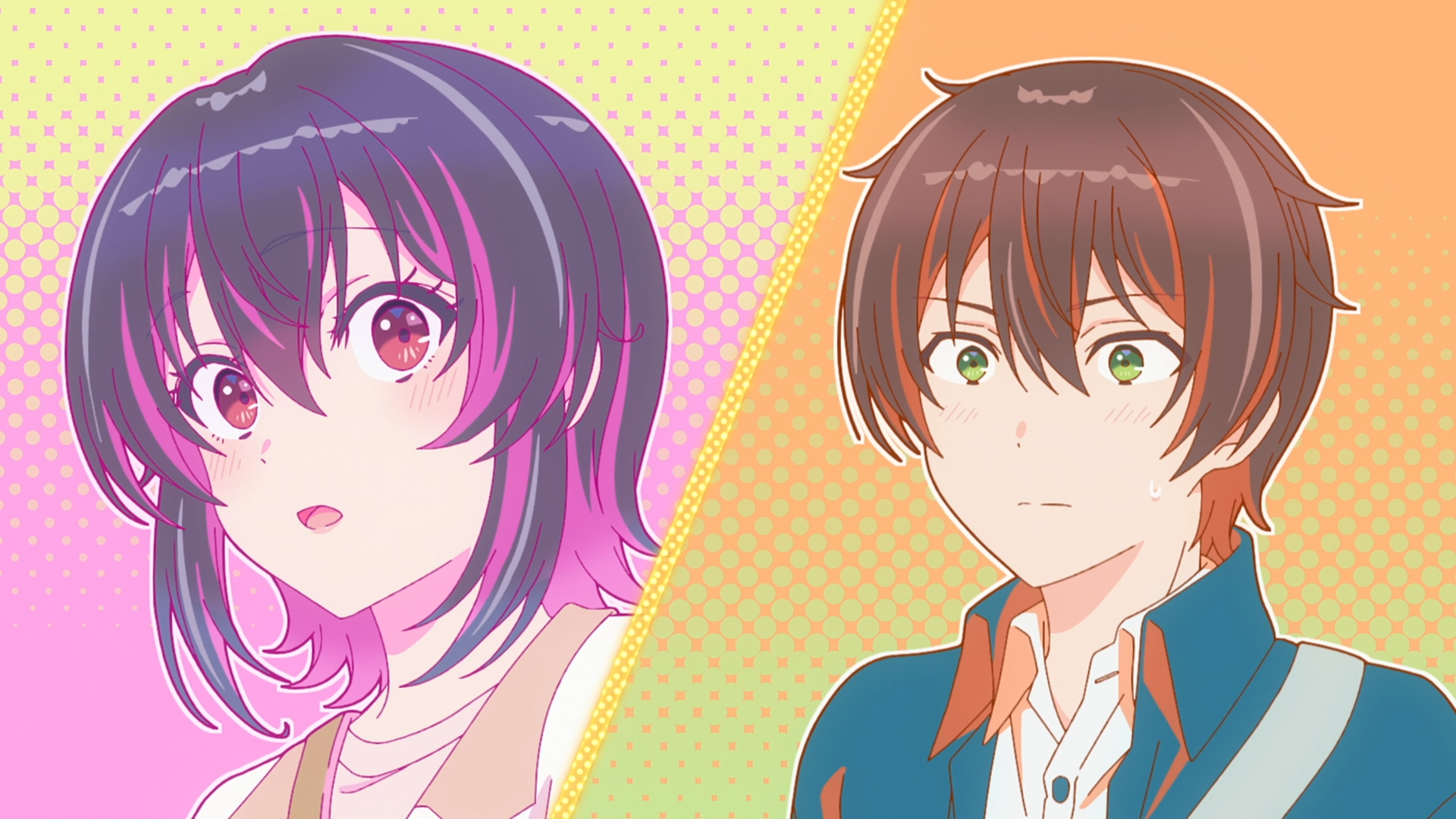 HD anime desktop wallpaper from I Made Friends with the Second Prettiest Girl in My Class, showing Umi Asanagi (purple-haired) and Maki Maehara (brown-haired) side-by-side on a pastel split background.