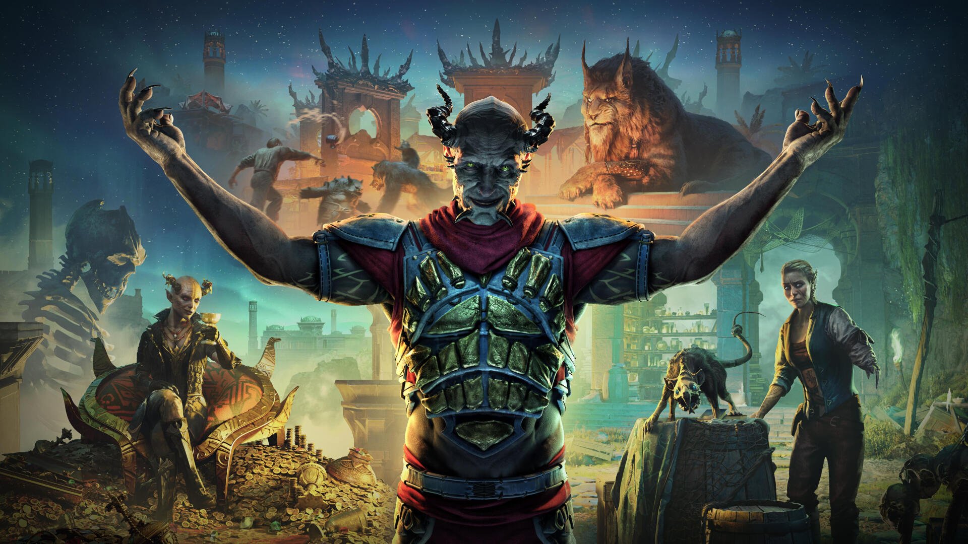 4K Ultra HD PC desktop wallpaper: The Elder Scrolls Online scene featuring a horned demon-like monster in armor with arms raised, surrounded by other monsters and a ruined landscape.