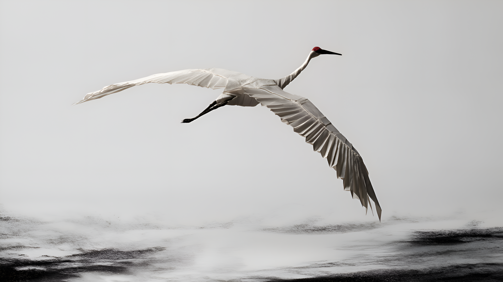 Origami white whooping crane soaring over gray mist, minimalist 4K Ultra HD PC desktop wallpaper background.