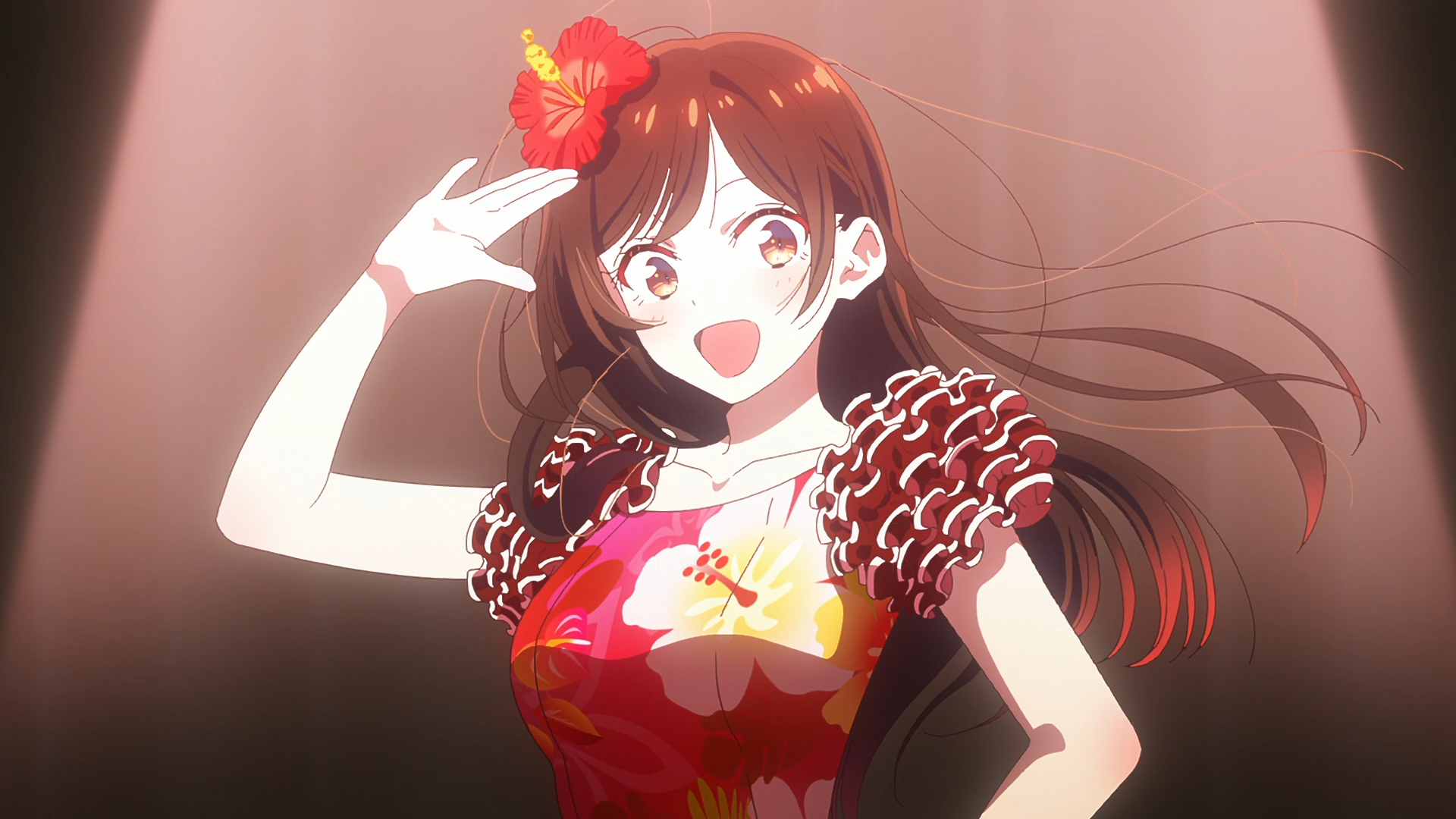 Anime HD PC wallpaper of Chizuru Ichinose (Rent-A-Girlfriend), smiling and waving in a red floral dress with a flower hairpin under warm, spotlighted stage lighting.