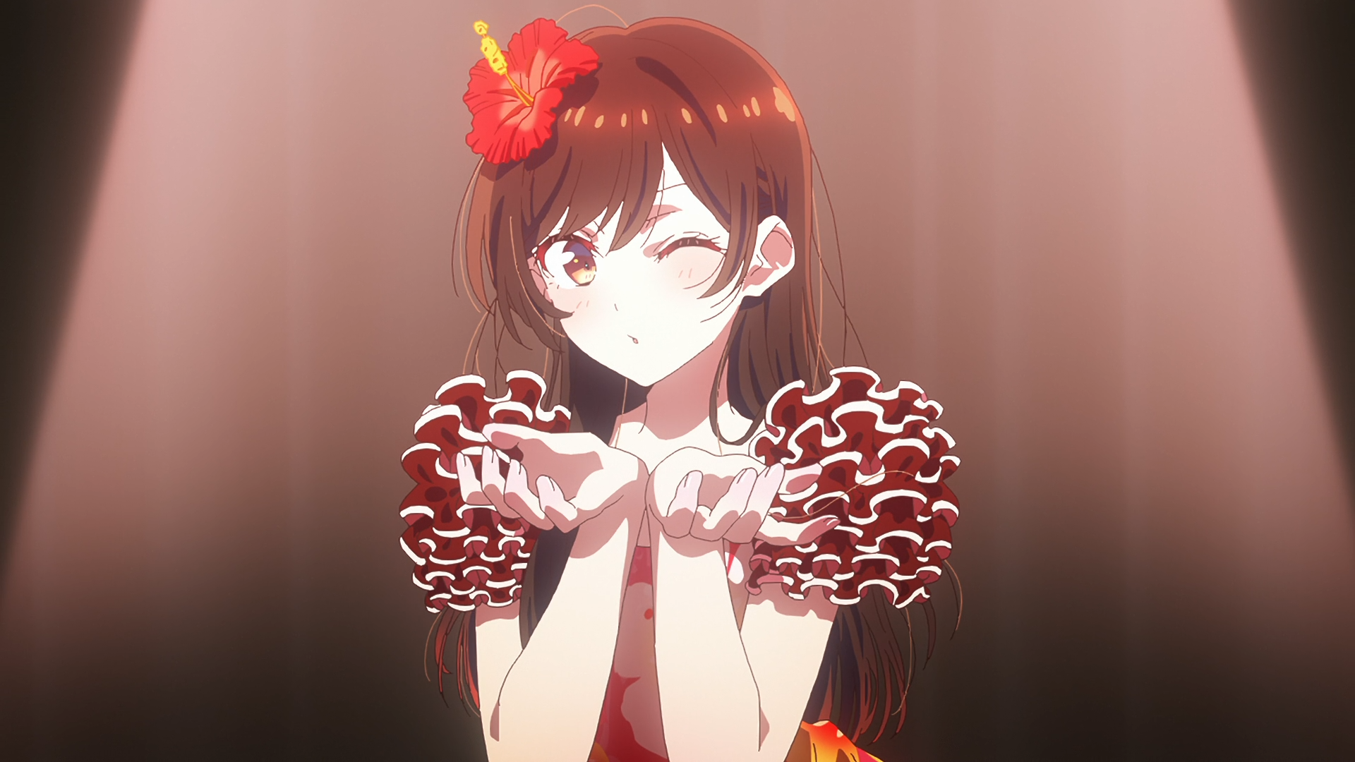 HD PC desktop wallpaper of Chizuru Ichinose (Rent-A-Girlfriend): anime portrait winking and blowing a kiss, wearing a ruffled red dress and a flower hair accessory.