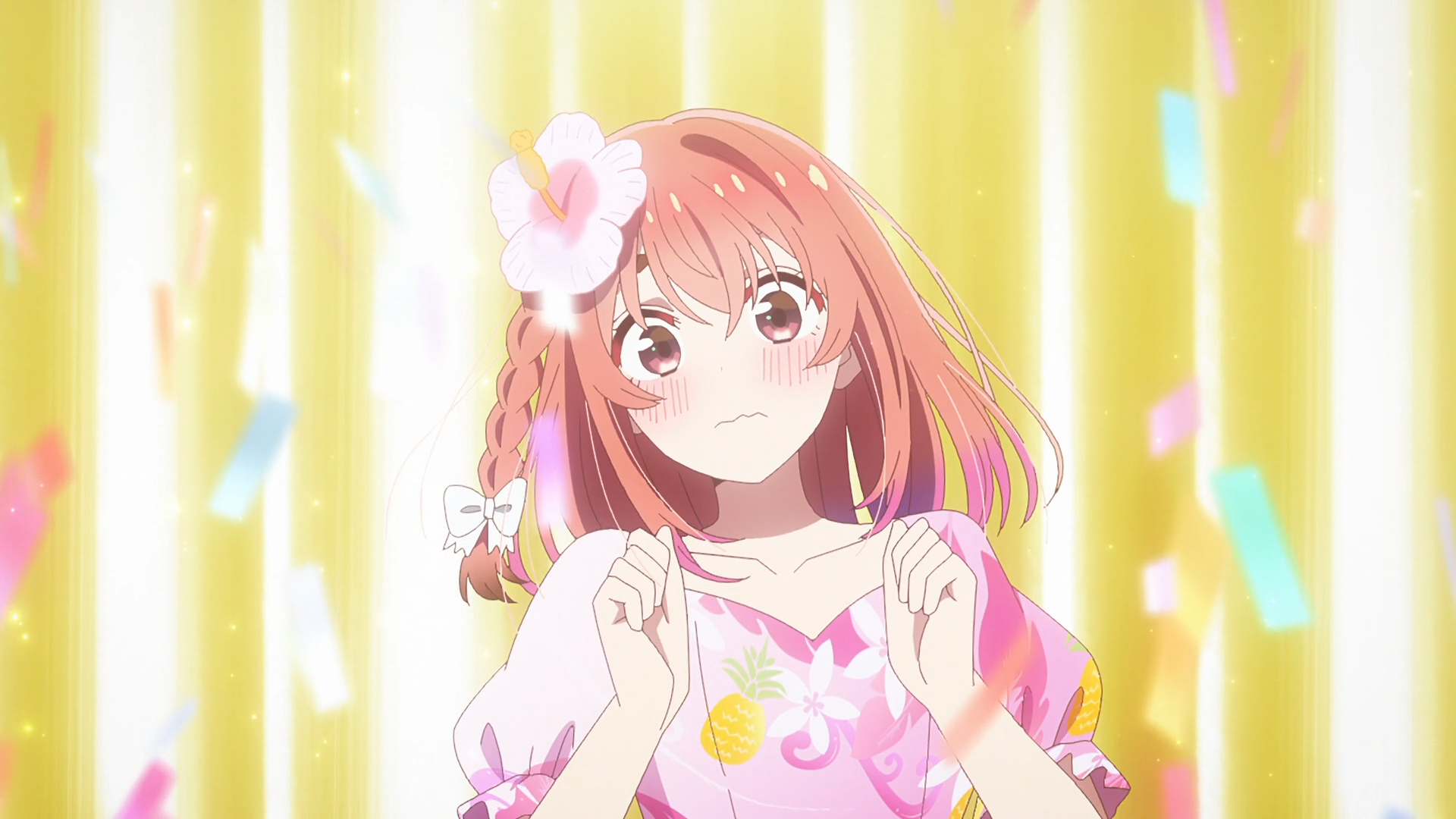 HD anime desktop wallpaper of Sumi Sakurasawa from Rent-A-Girlfriend, blushing in a pink floral dress with braided hair and pastel confetti against a glowing golden backdrop.