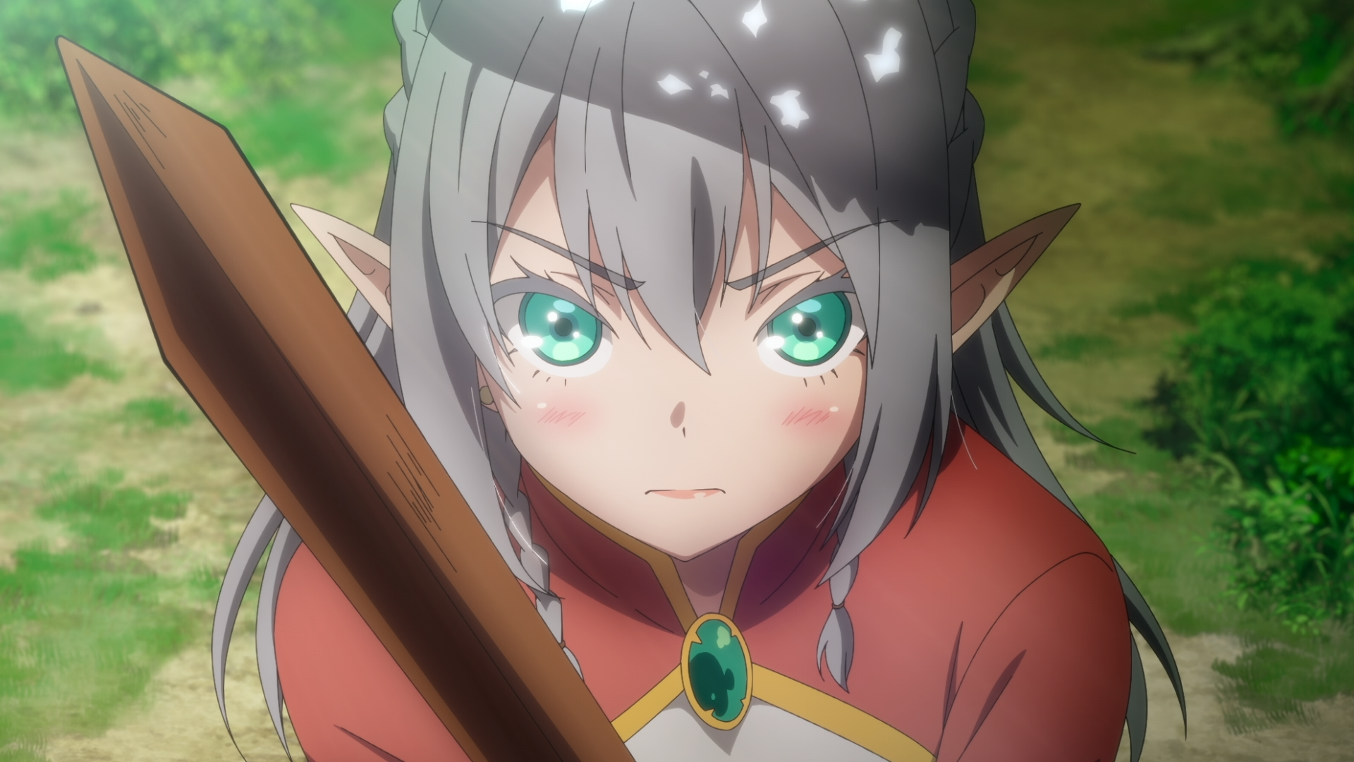 HD PC desktop wallpaper: anime portrait of Tessia Eralith from The Beginning After the End, fierce stare with green eyes, braided silver hair, gripping a wooden sword.