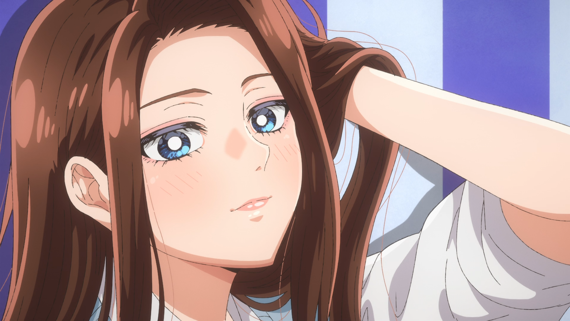 HD anime desktop wallpaper of Kei Amane from Gals Can't Be Kind to Otaku!? — close-up of a blue-eyed, long brown-haired girl brushing her hair back with a soft smile.
