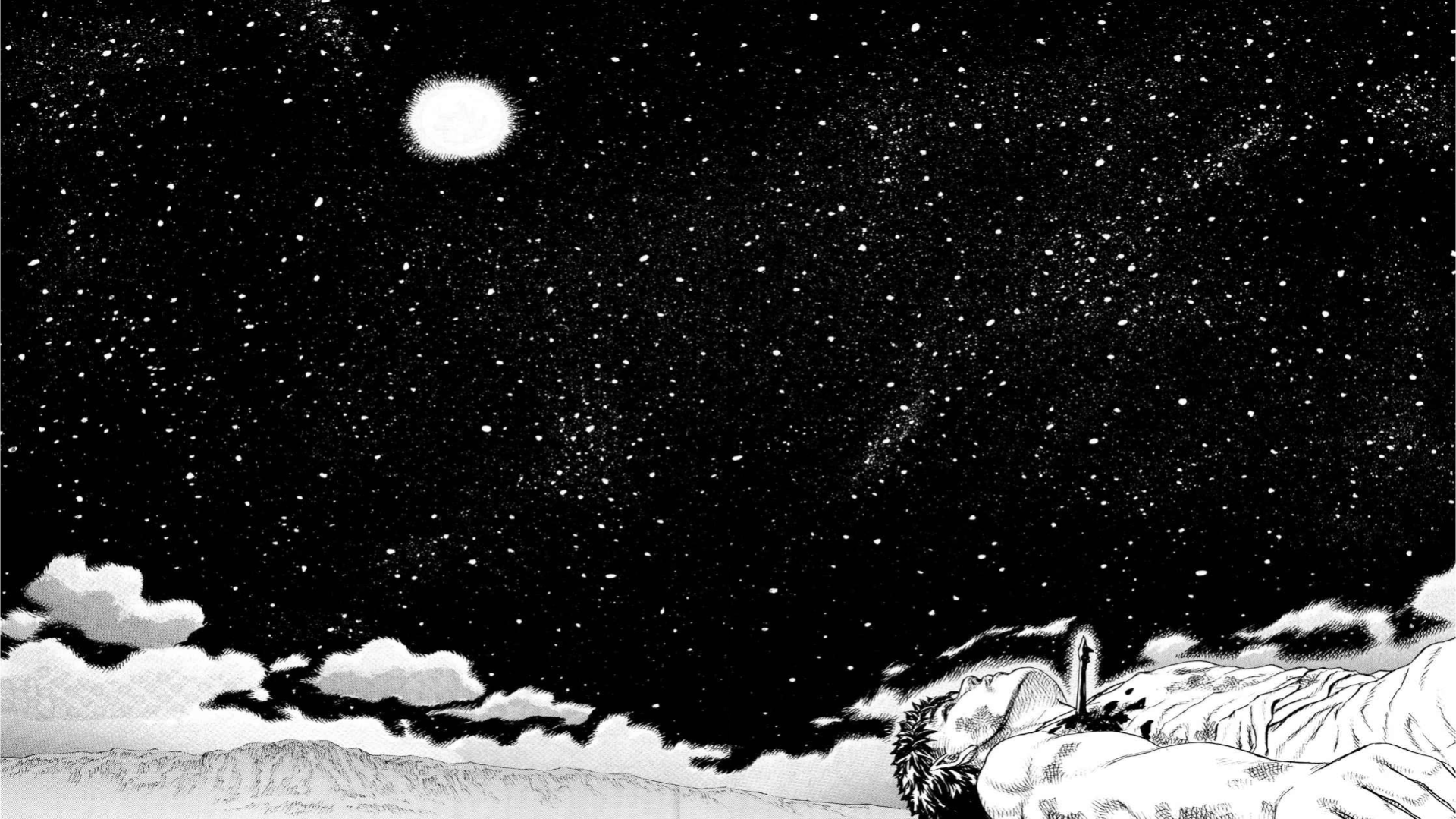 Black-and-white manga-style HD PC desktop wallpaper of Guts (Berserk) lying beneath a moonlit starfield, anime background with clouds and dramatic inked contrast.