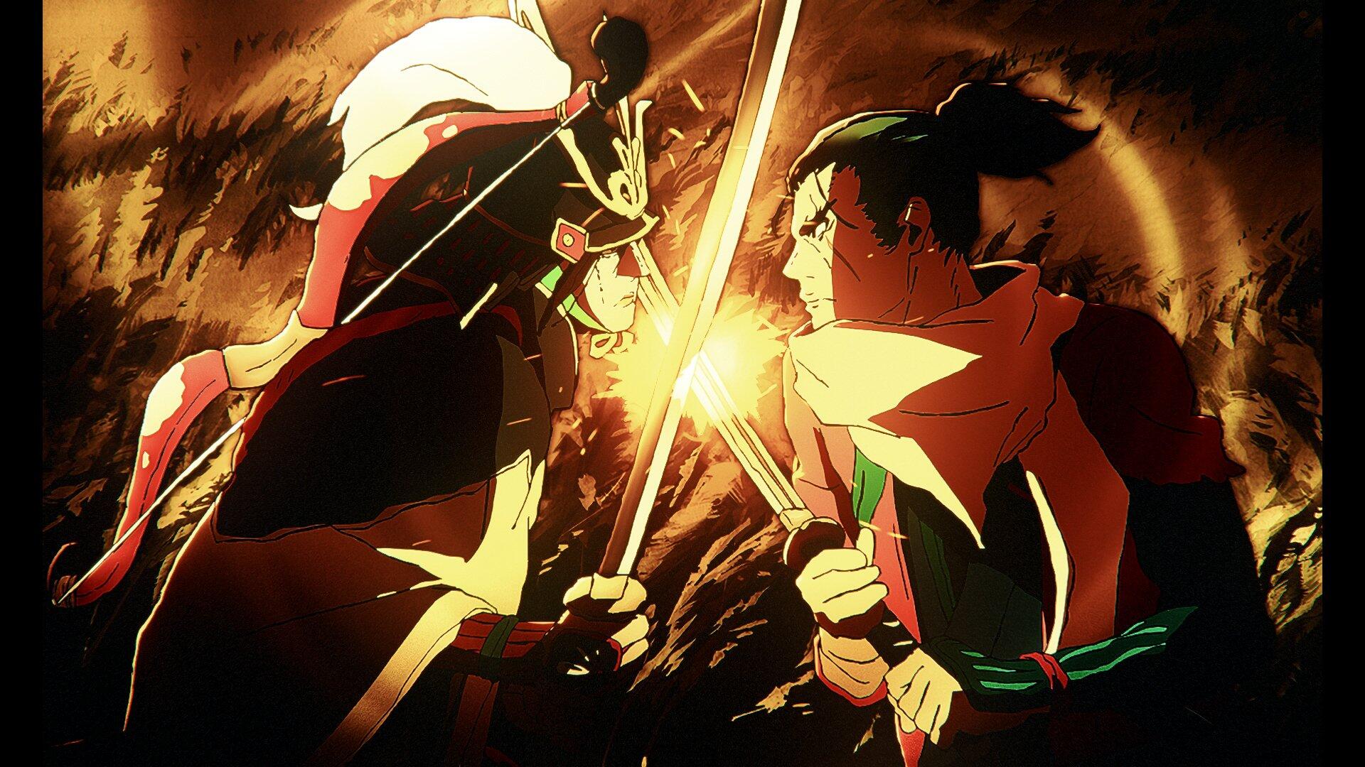 Anime HD PC wallpaper: Sekiro from Sekiro: No Defeat duels an armored foe, swords clashing with sparks and a dramatic fiery backlight.