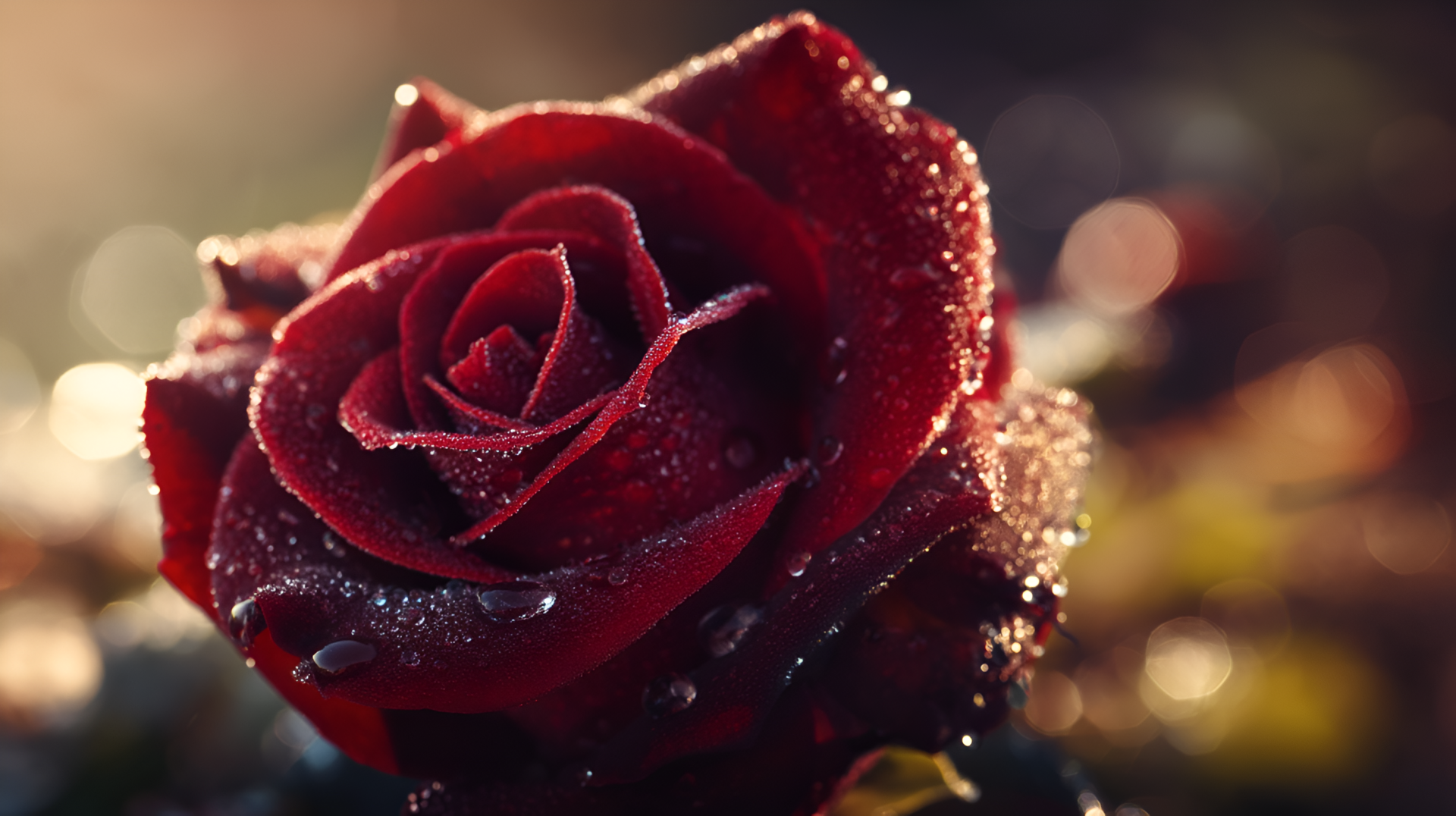 Close-up floral red rose glistening with dew drops against rich bokeh — 2K Quad HD PC desktop wallpaper and background.