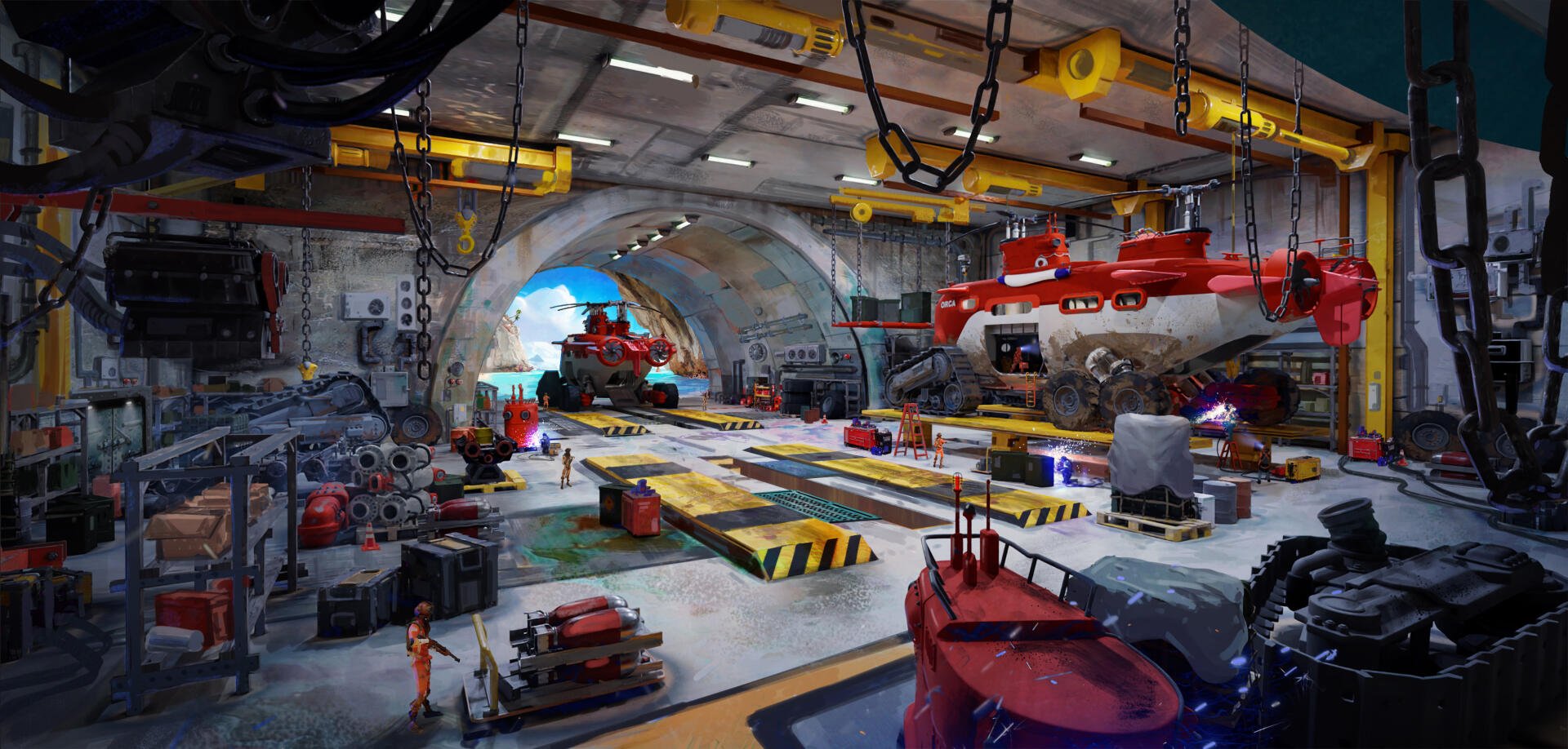 Digital art sci‑fi maintenance base workshop — 2K Quad HD PC desktop wallpaper/background showing a busy arched hangar with cranes, service platforms, vehicles and technicians.