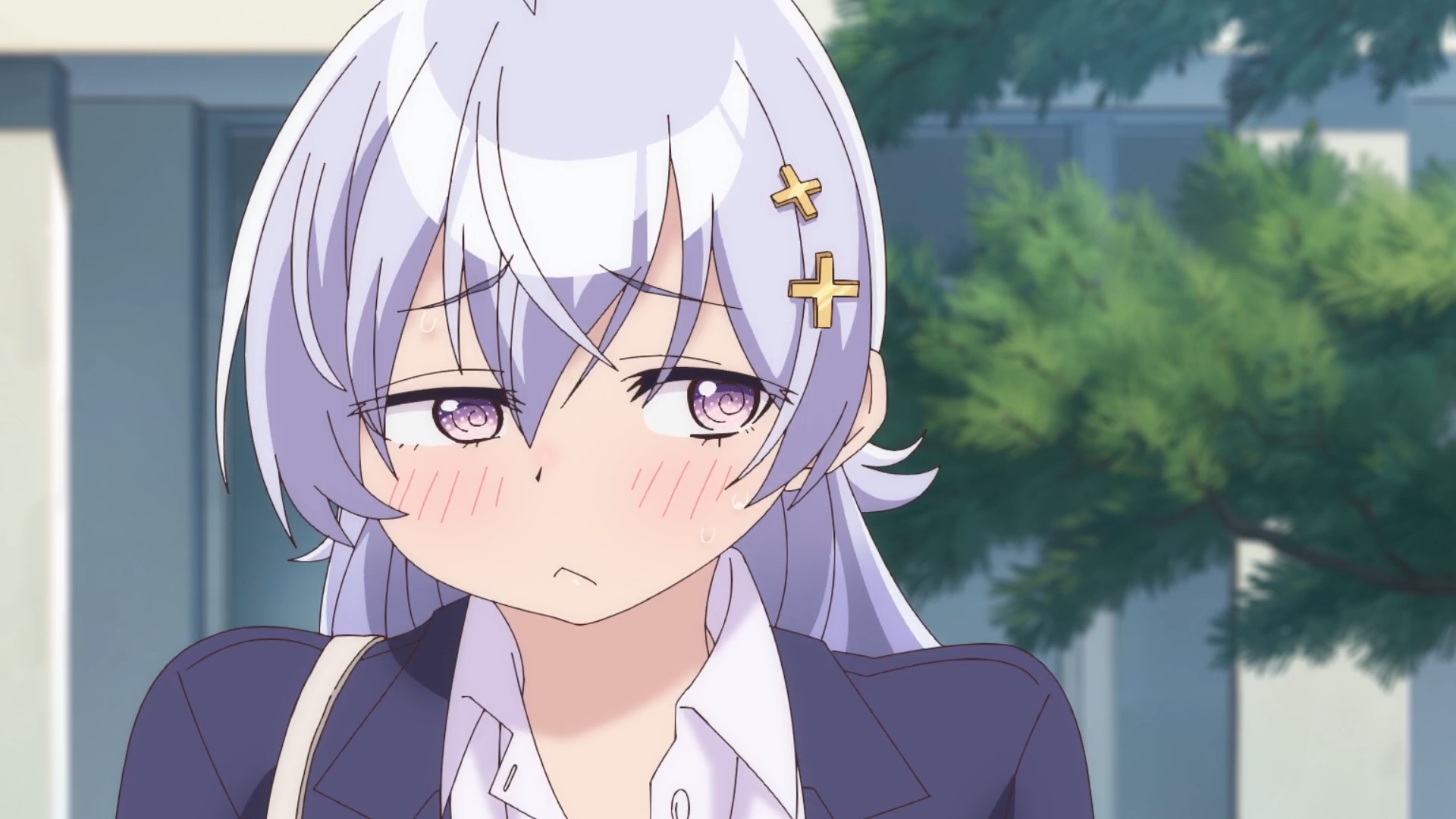 HD PC wallpaper of Hiyori Hiwamura (Yowayowa Sensei): lavender-haired anime girl blushing in a school uniform with star hairpins, soft outdoor background