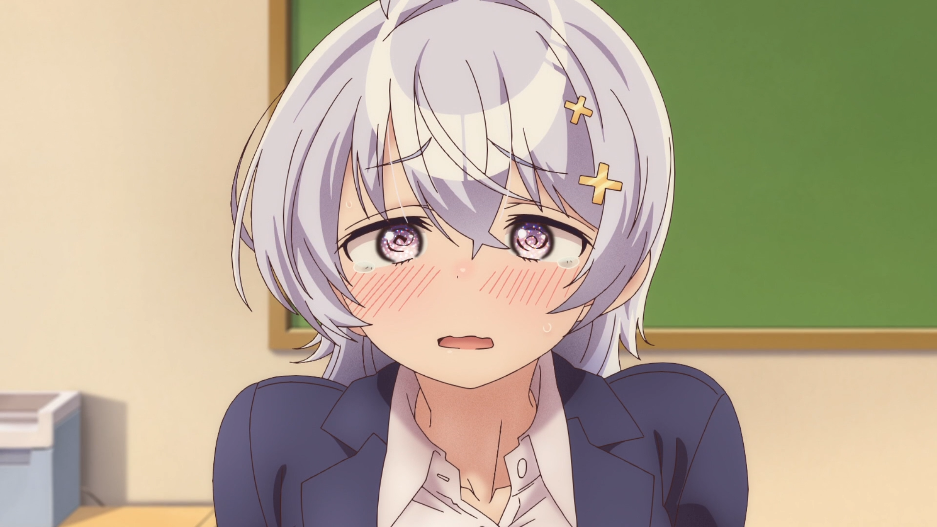 HD anime desktop wallpaper of Hiyori Hiwamura (Yowayowa Sensei) — blushing with short silver hair and star clips, wearing a blazer and open shirt, flustered expression in a classroom.
